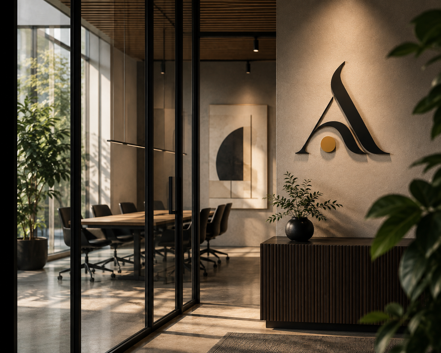 Modern design studio interior featuring dimensional branding, glass meeting rooms, warm wood finishes, and contemporary architectural details.