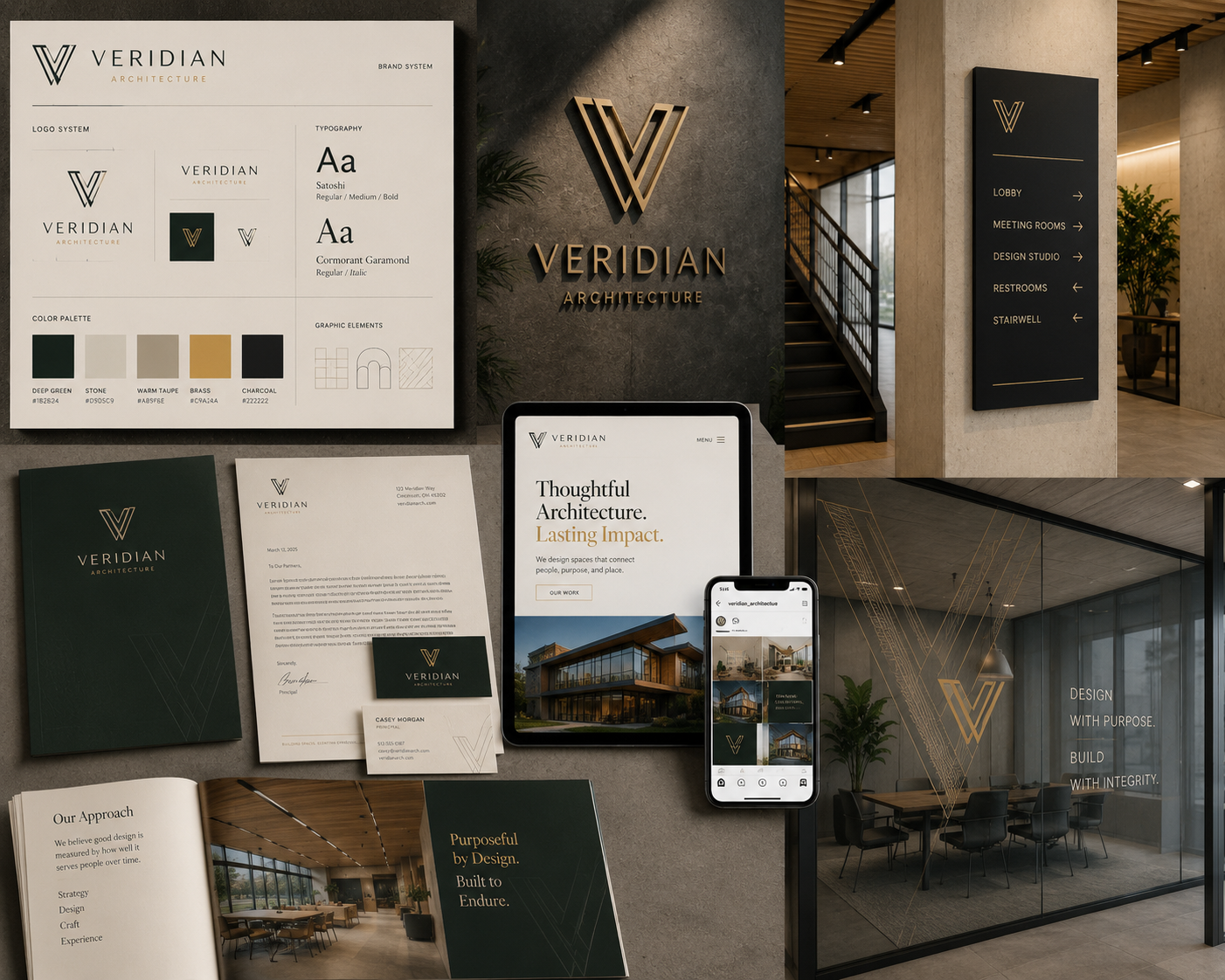 Complete brand identity system showing logo standards, typography, color palette, print materials, digital applications, dimensional signage, wayfinding, and environmental graphics.
