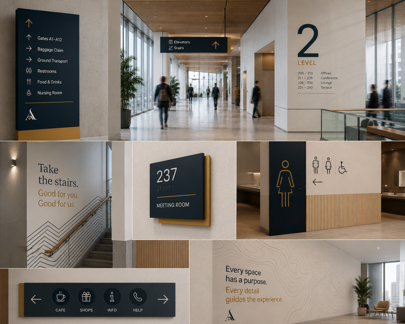 Environmental graphics system featuring wayfinding signs, room identification, ADA signage, directional graphics, and branded wall graphics throughout a modern interior.