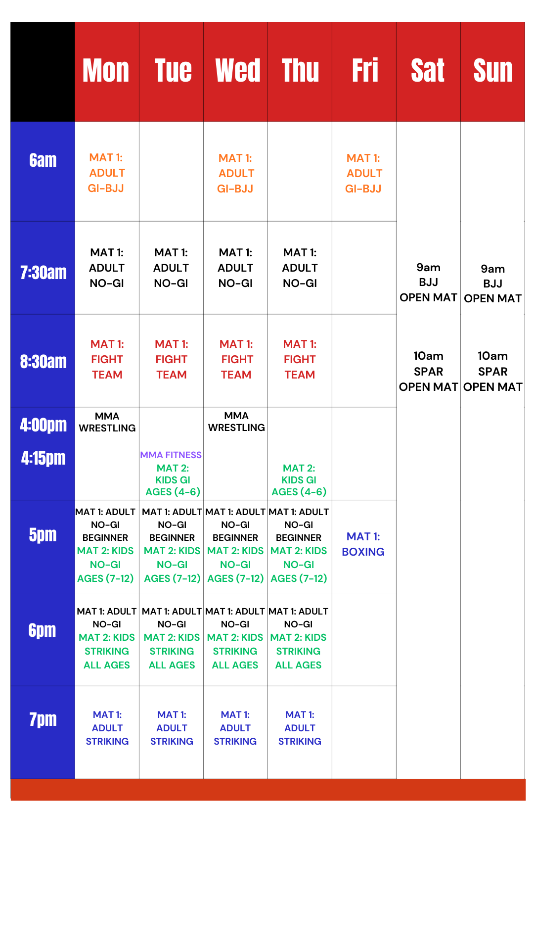 Weekly class schedule for Witness Martial Arts Pensacola