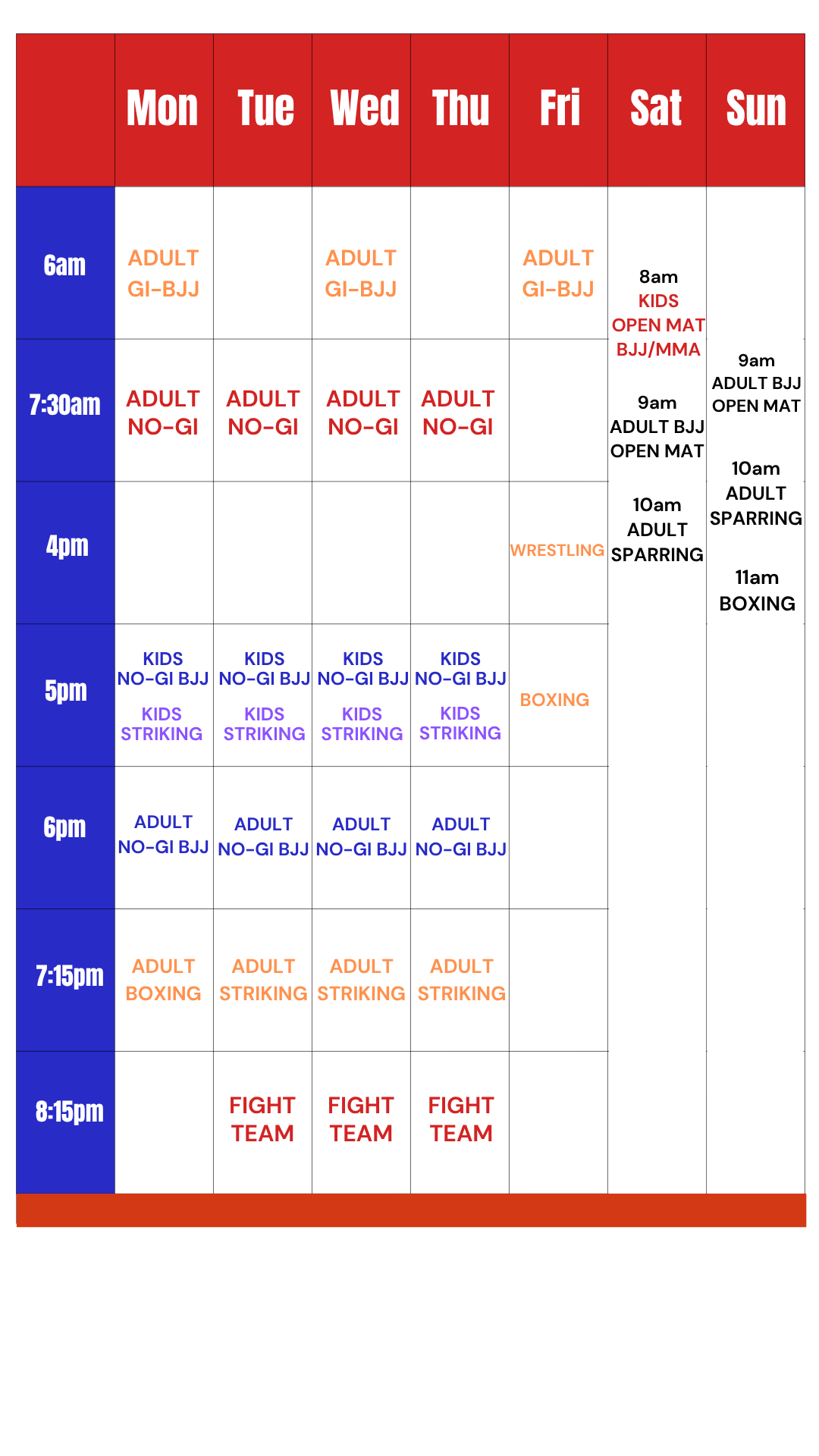 Weekly MMA & BJJ Schedule