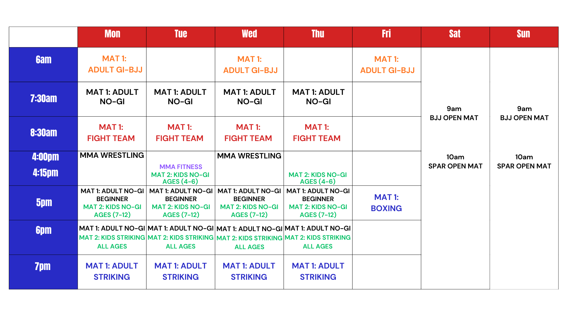 Weekly class schedule for Witness Martial Arts Pensacola