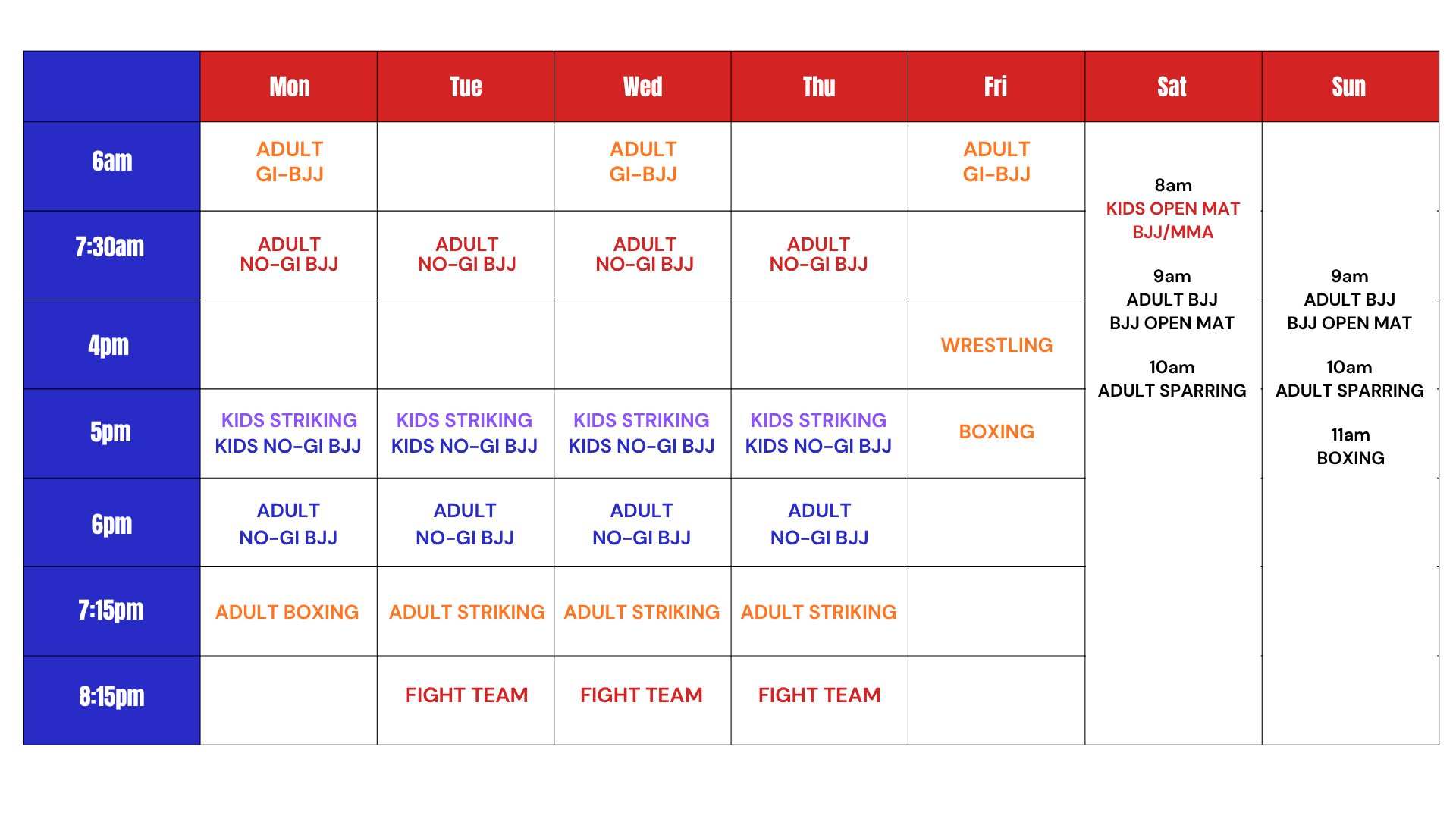 Weekly MMA & BJJ Schedule