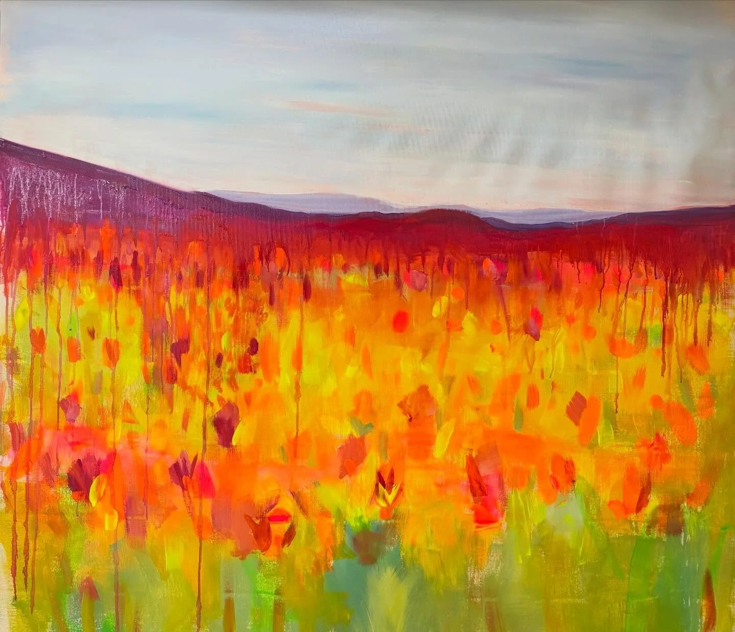 Day 33 of the #dothe100dayproject2026 

Another big one but feeling looser and freer. Still has that summer feeling.

#catchingfeelings 
#abstractartforsale 
#irishartists