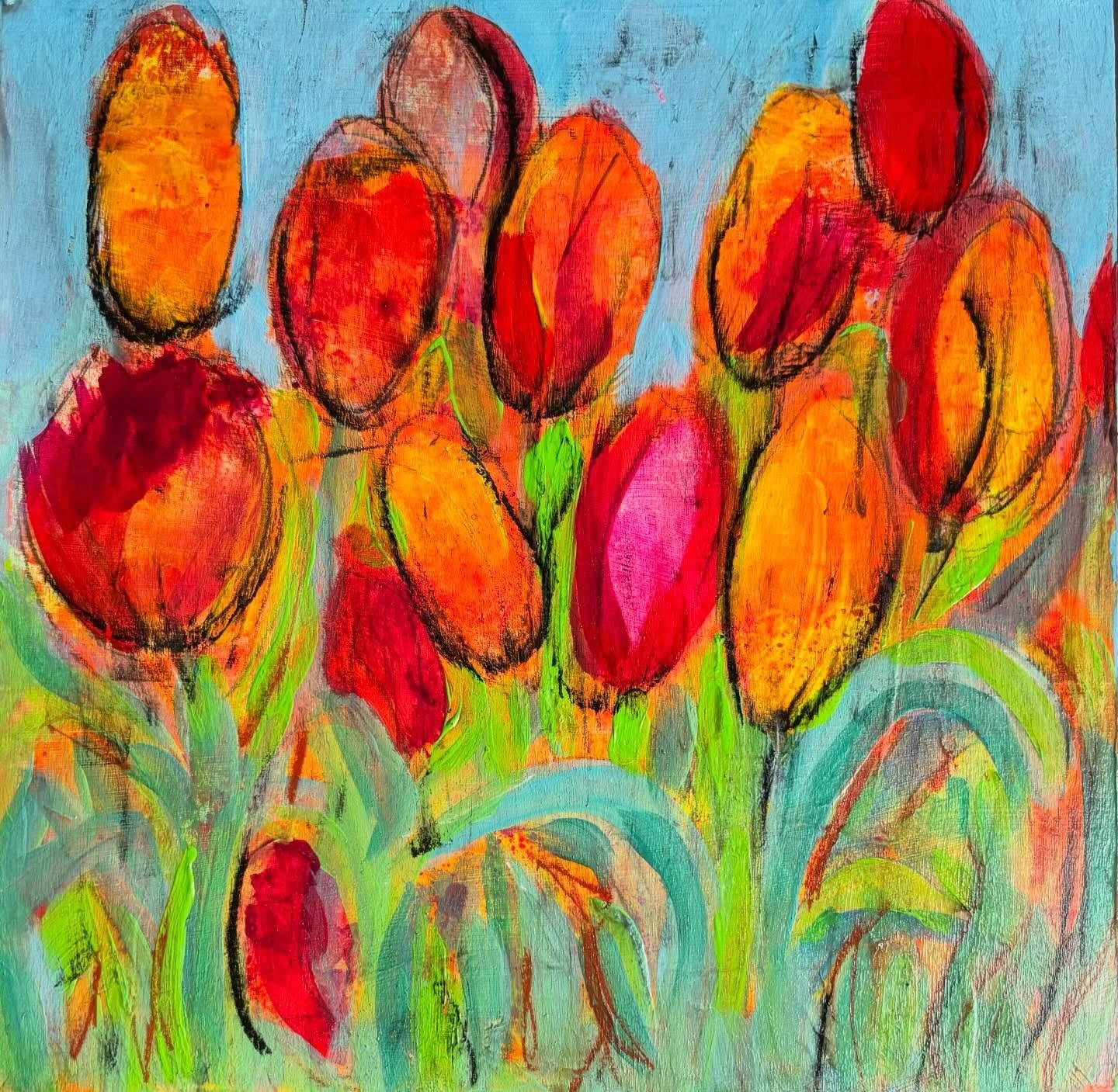 Day 52 of the #dothe100dayproject2026 

One of the small wood panels turned into this&hellip; Inspired by all the tulips blooming at the moment! 

#tulipsinbloom 
#abstractartwork 
#irishartist