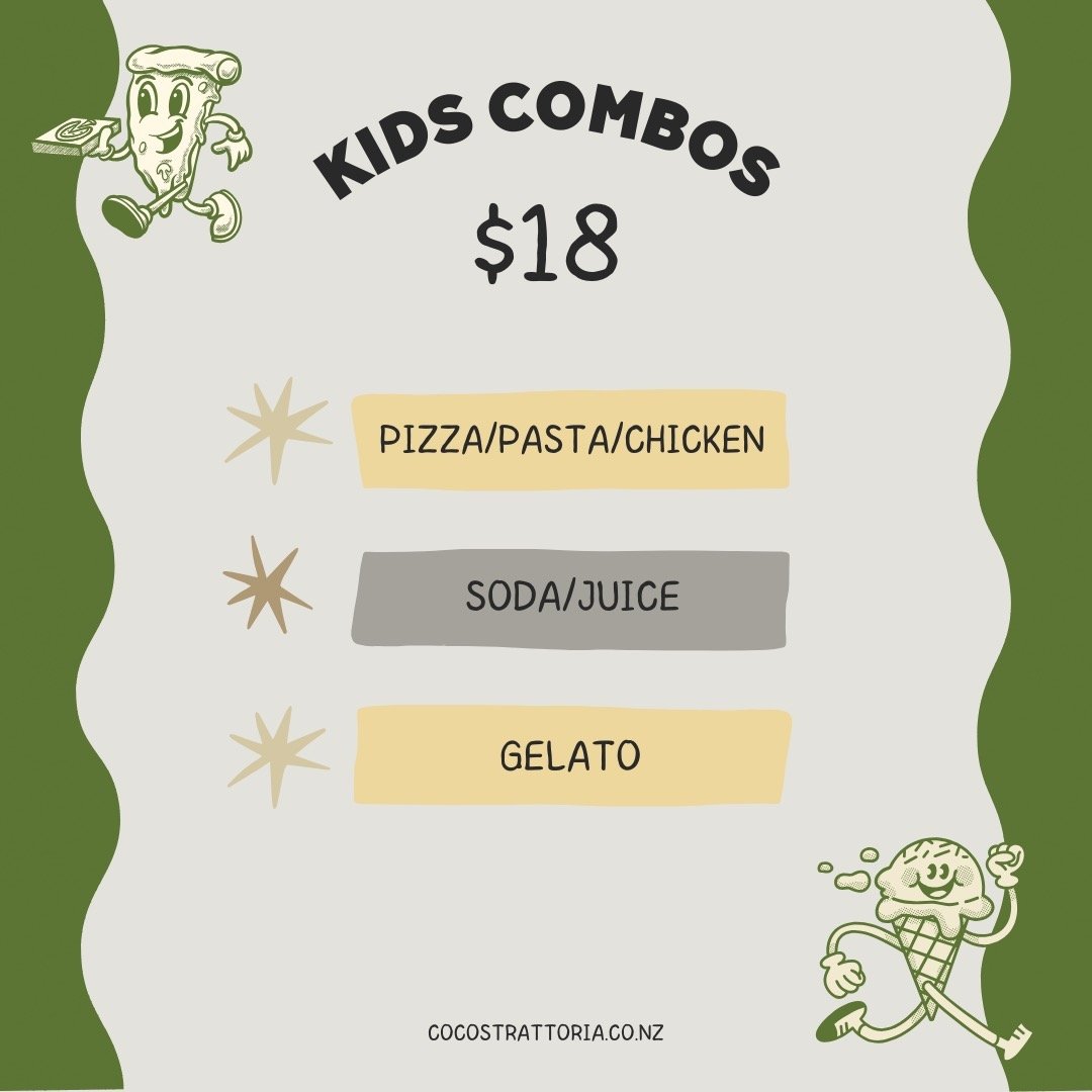 🎉🍽️ Kid's Meal Deal for Just $18! 🍽️🎉

Looking for the perfect treat for the little ones? We've got you covered! Our Kid's Menu Deal is only $18 and includes:

🍕 A delicious meal
🥤 A refreshing drink
🍨 A sweet dessert to end on a high note!

B