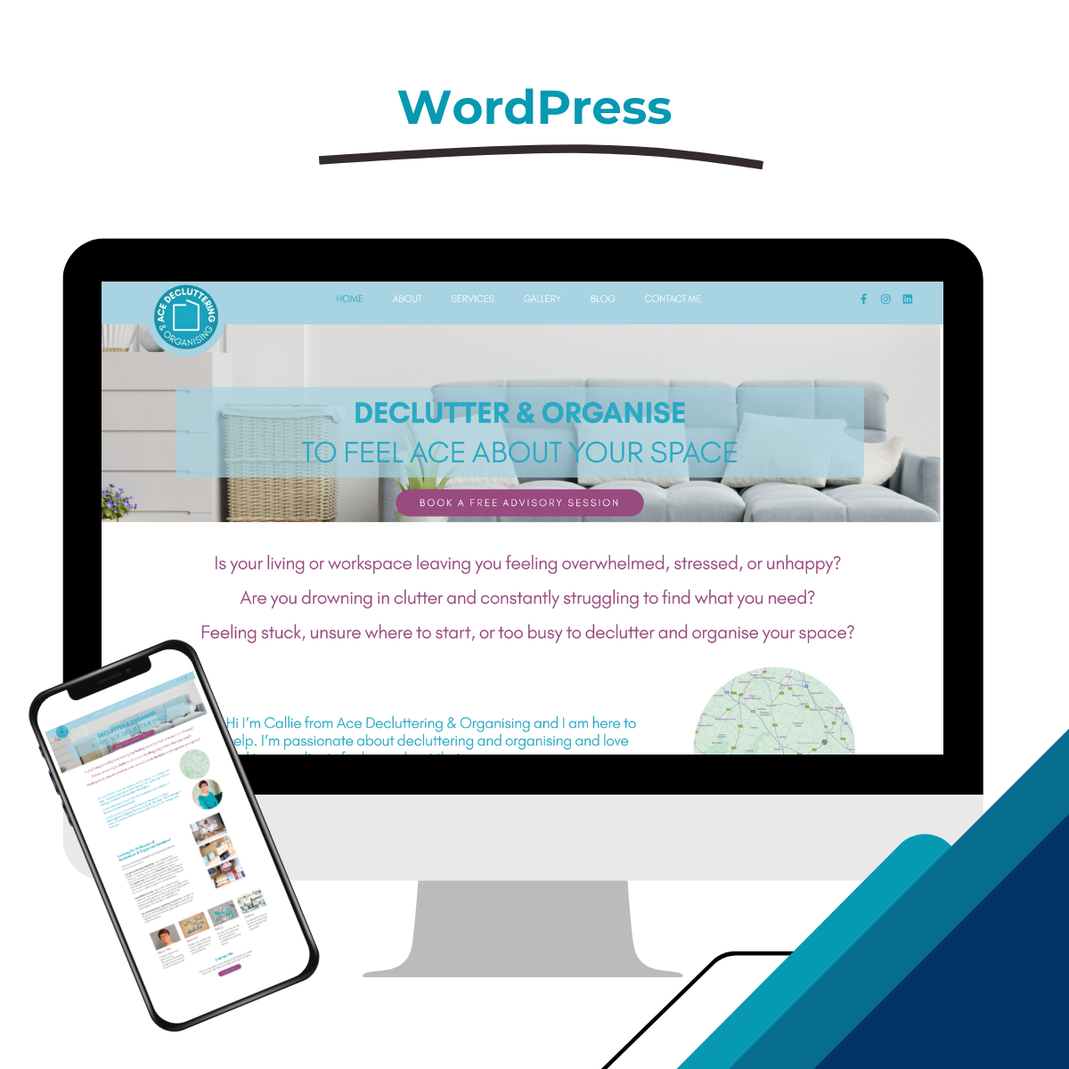 Image of computer screen and mobile with Wordpress Website of Ace Decluttering showing