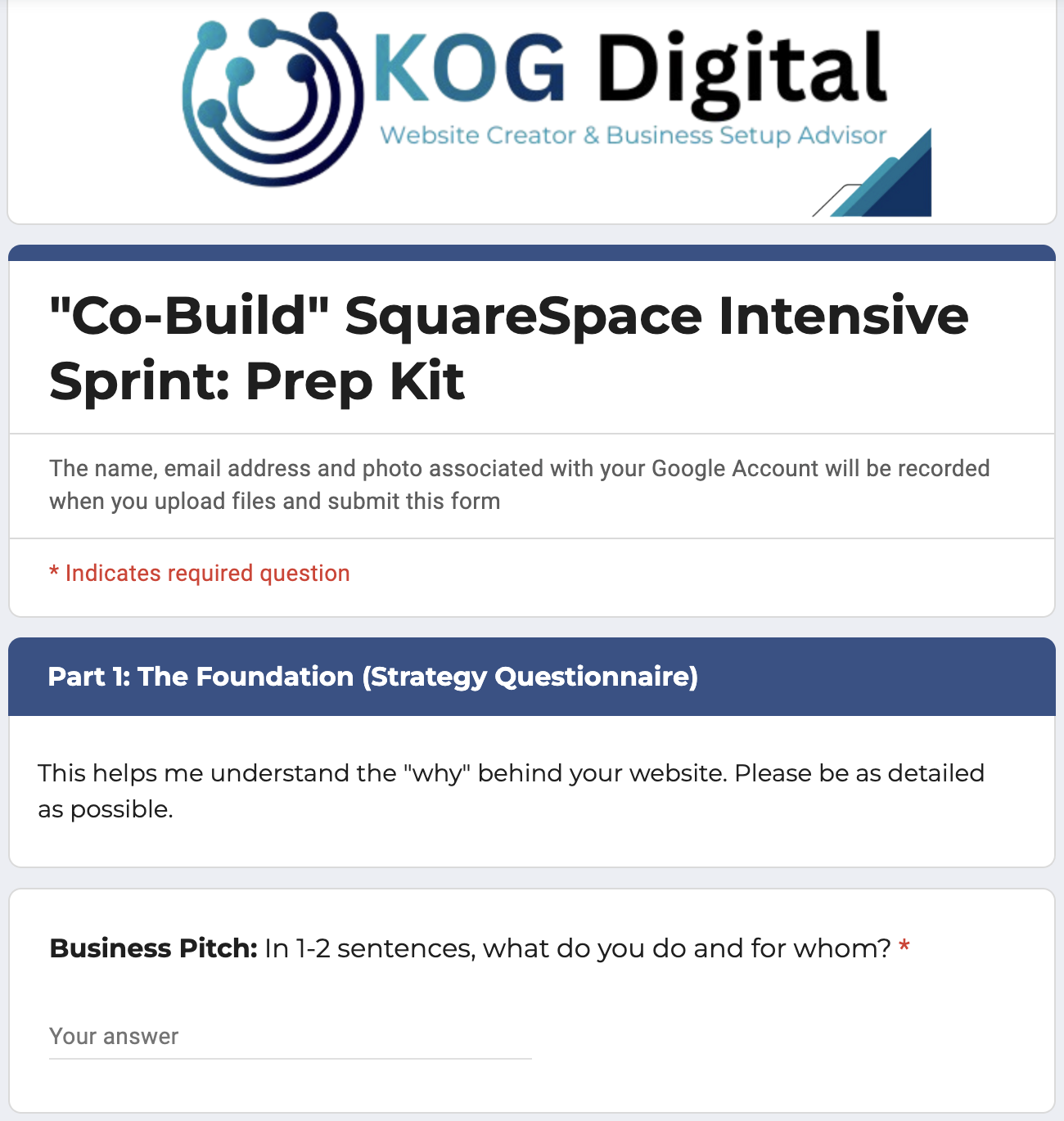 Example of the KOG Digital Co-Build Squarespace Intensive Sprint: Prep Kit form