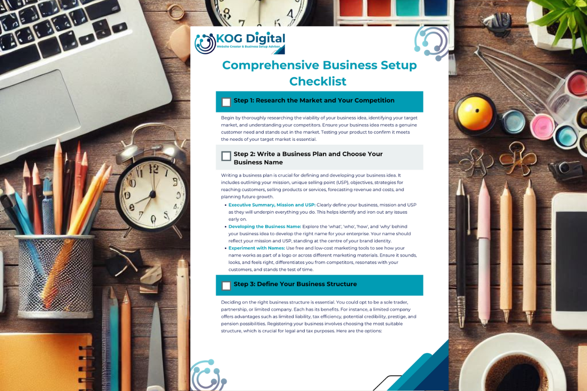 Desk workspace featuring a comprehensive business setup checklist document surrounded by office supplies including pencils, a laptop, clocks, and a plant.