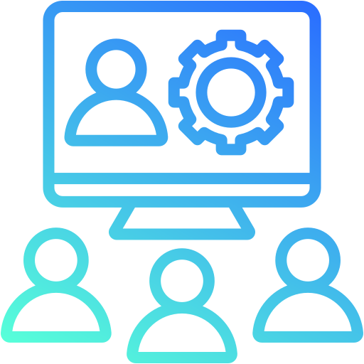 Digital looking computer screen with a person and cog with three people watching signifying training