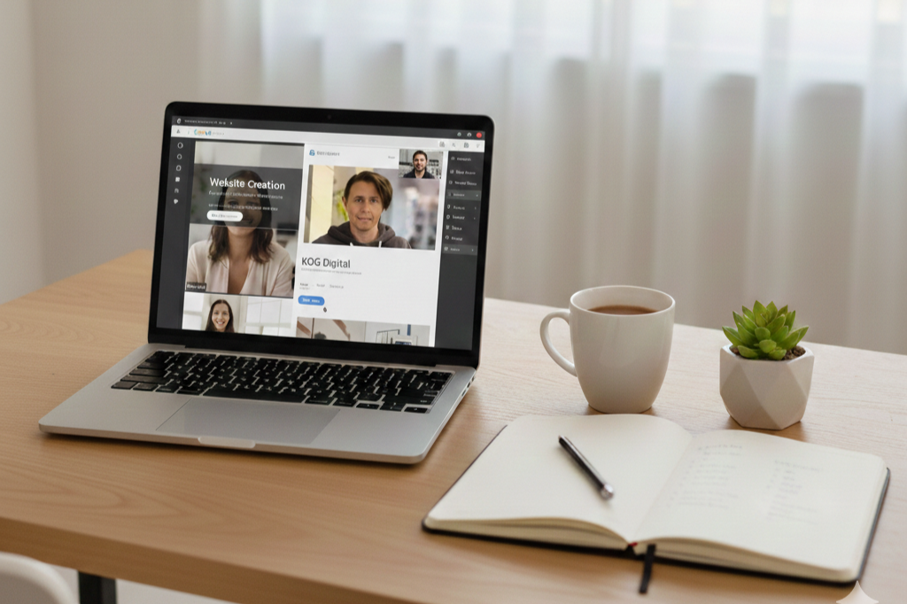 Laptop on Desk showing a Squarespace Co-Build session in progress
