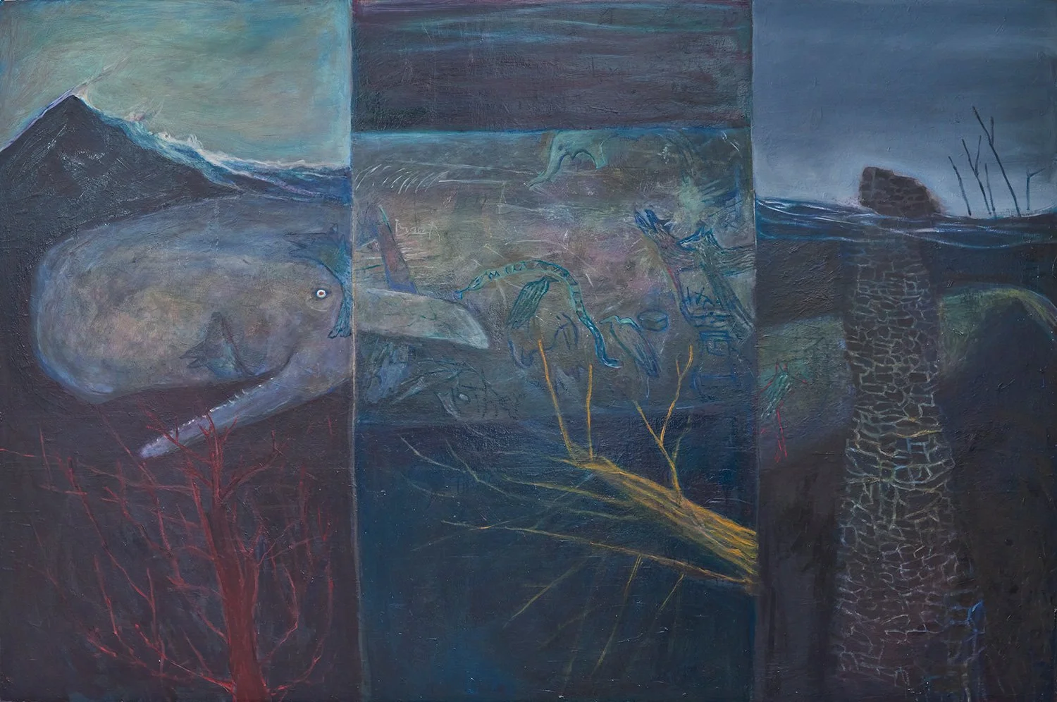 Peggy Reavey, Gyrle whale in the great flood, 48x72 inches