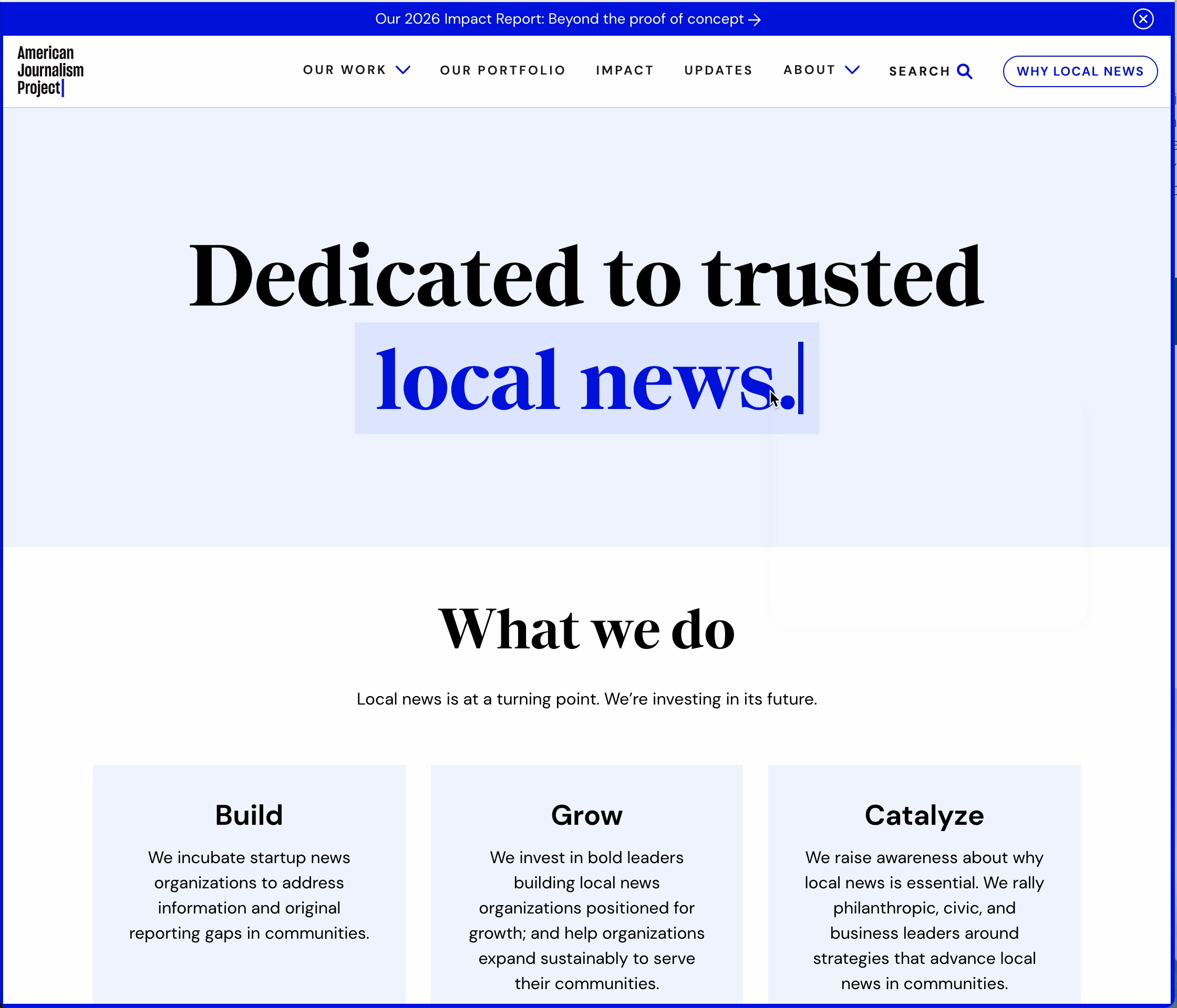 Gif showing a the American Journalism Projec'ts homepage, navigation and tooltip