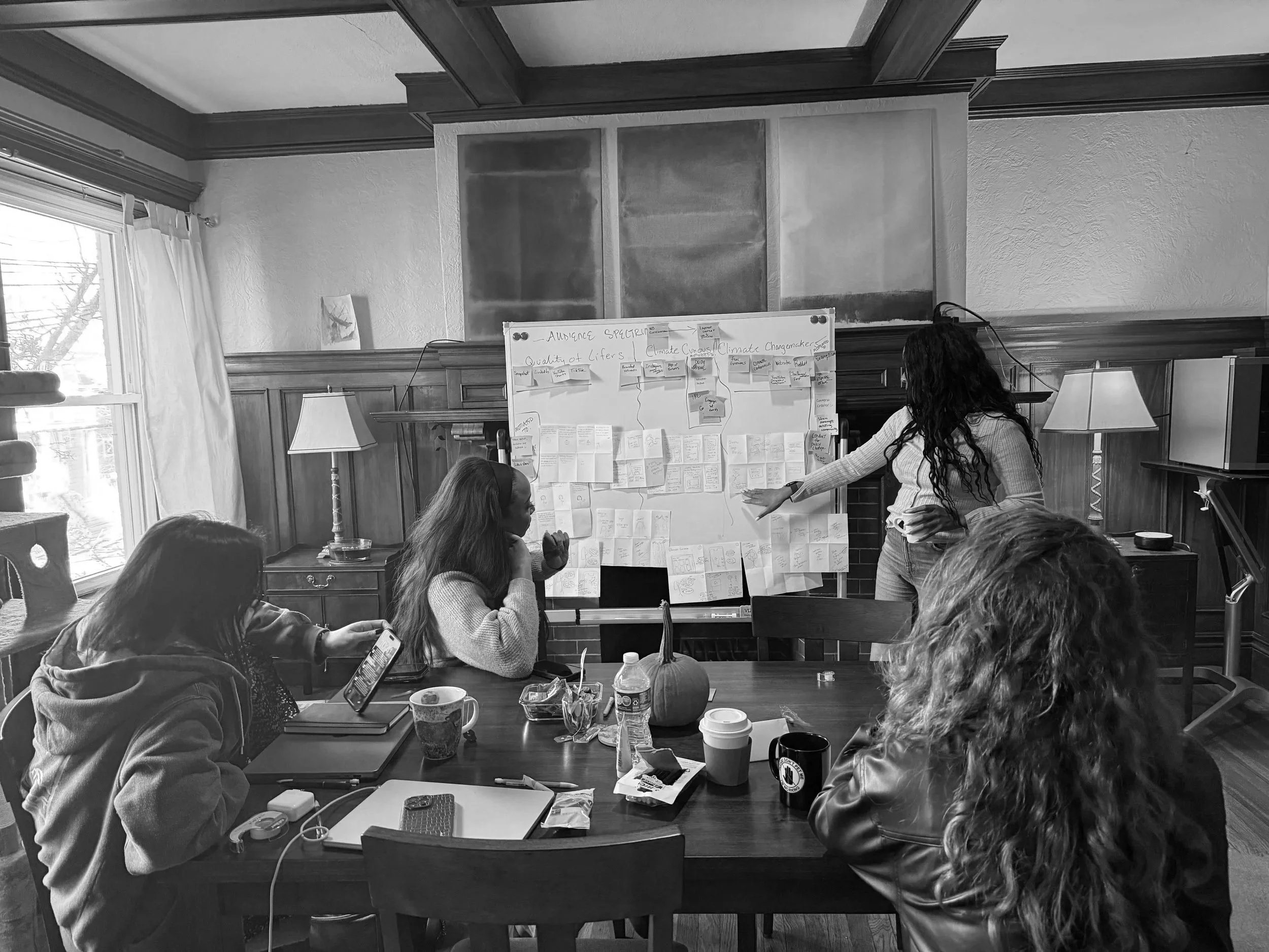 A woman presents to a group of four women around a table, with a large whiteboard filled with notes and diagrams in a cozy room with wooden paneling and a window.