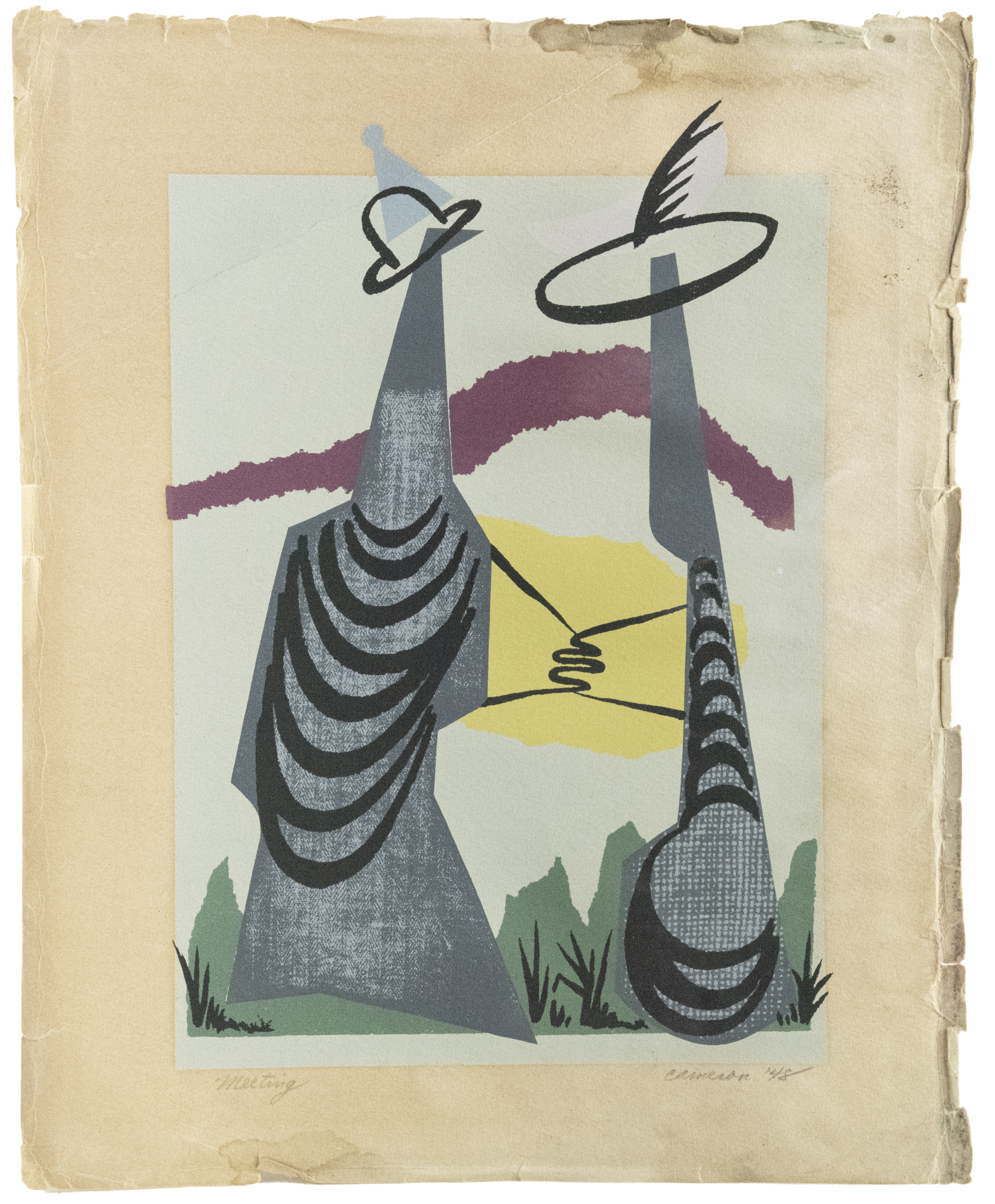Cameron (Marjorie Cameron), Meeting, 1948. Screenprint on handmade paper. Two elongated abstract figures face each other against a pale blue-grey backgroundground.