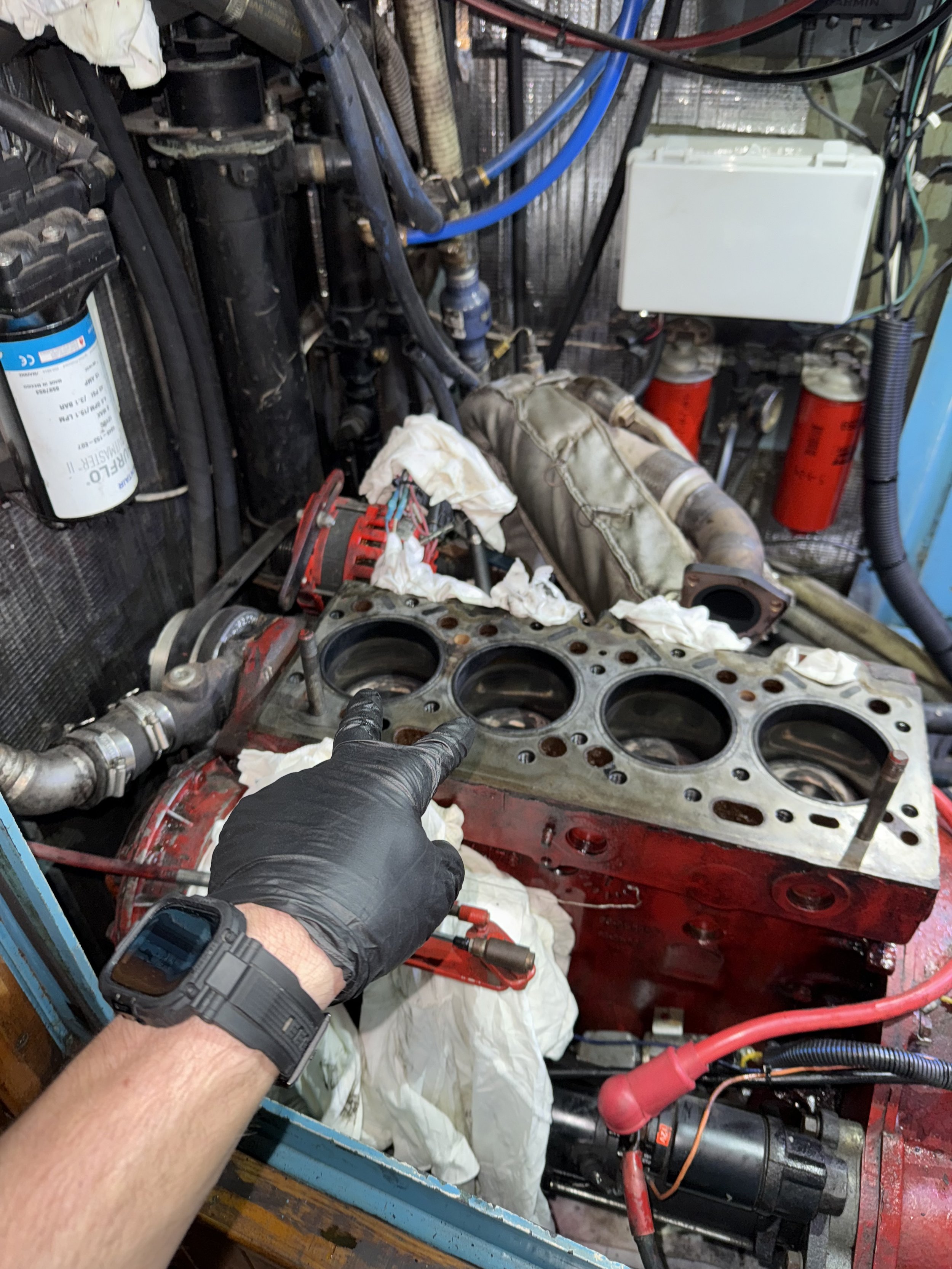 Block is getting cleaned for the new gasket. Those two cylinders being pointed at had a scratch or two that the customer needed to be informed of.
