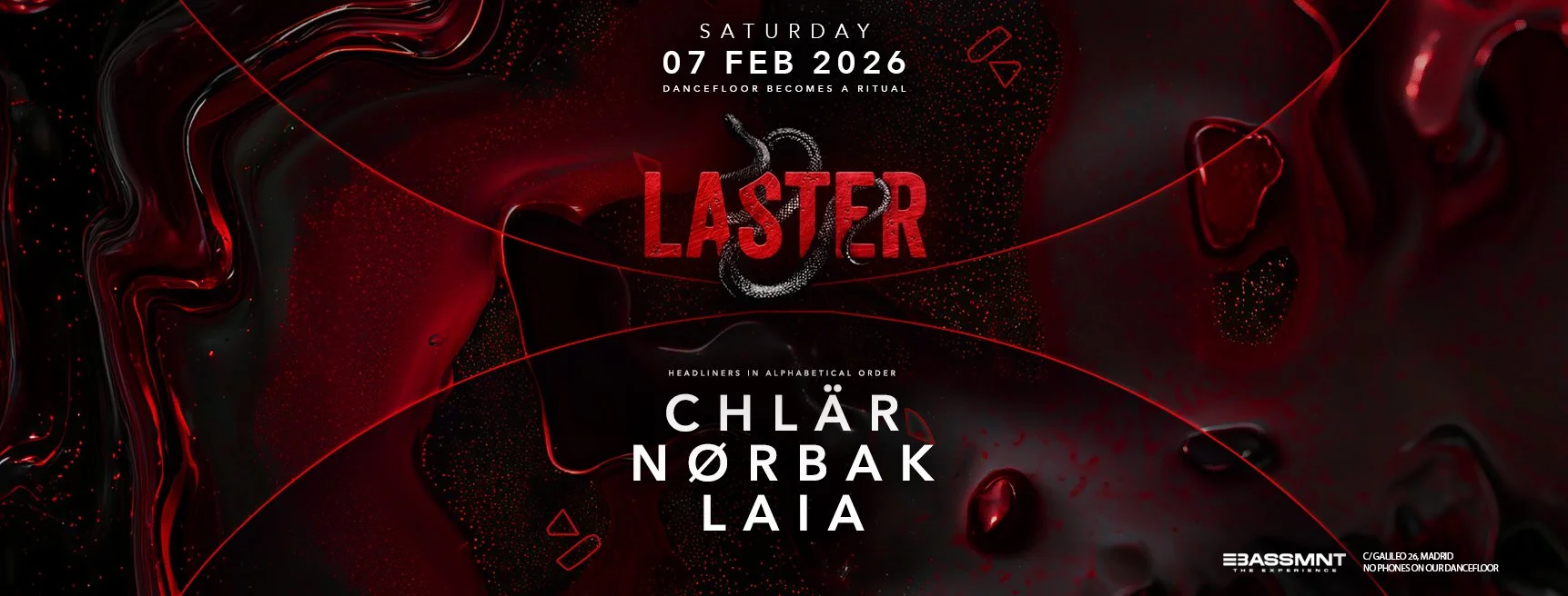 Promotional poster for a music event called "Laster" on Saturday, February 7, 2026, at Bassmnt in Madrid, featuring headliners Chlär, Nørbak, and Laia, with an abstract red and black background.
