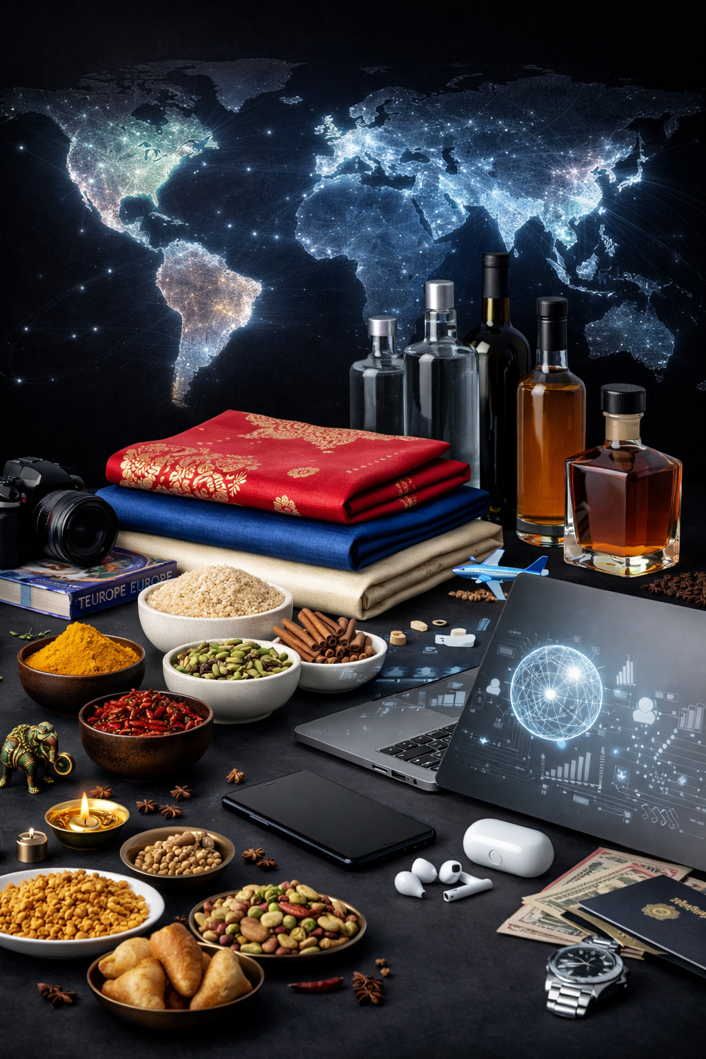 Gifts and travel essentials on a table with a world map background, including bottles of alcohol, folded fabrics, spices, snacks, a camera, a laptop with digital graphics, a phone, headphones, and passport.