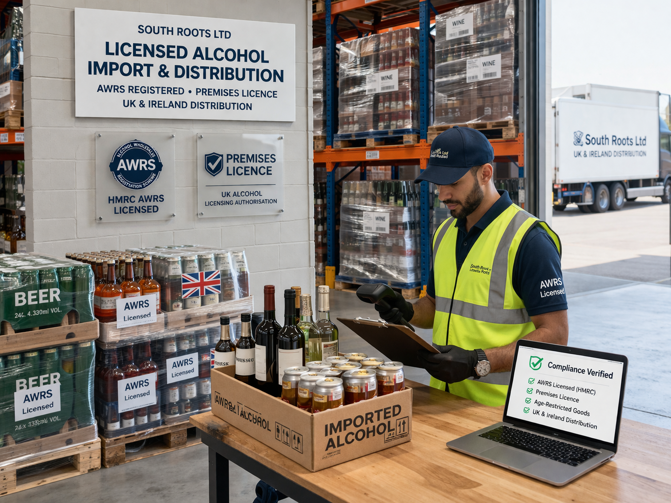 A worker at a warehouse checks imported alcohol products, including bottles of wine and canned drinks, with compliance documents and signs indicating licensing and distribution regulations visible in the background.