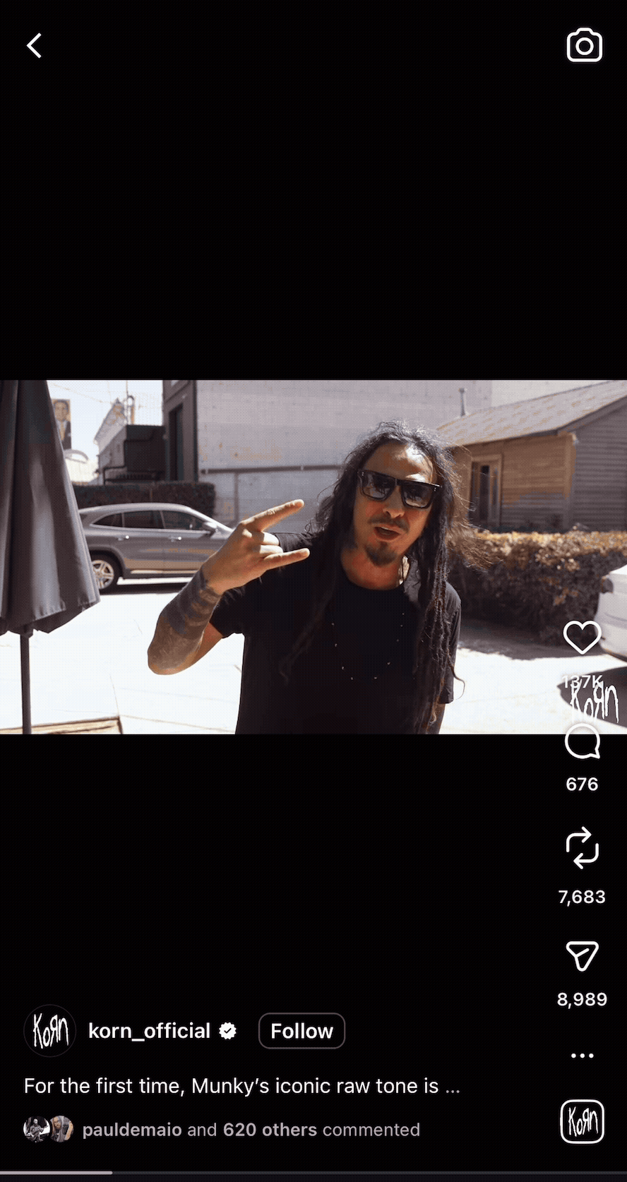 Korn's Instagram post featuring promotional footage of Munky from the Distortion Inc. pedal launch film.