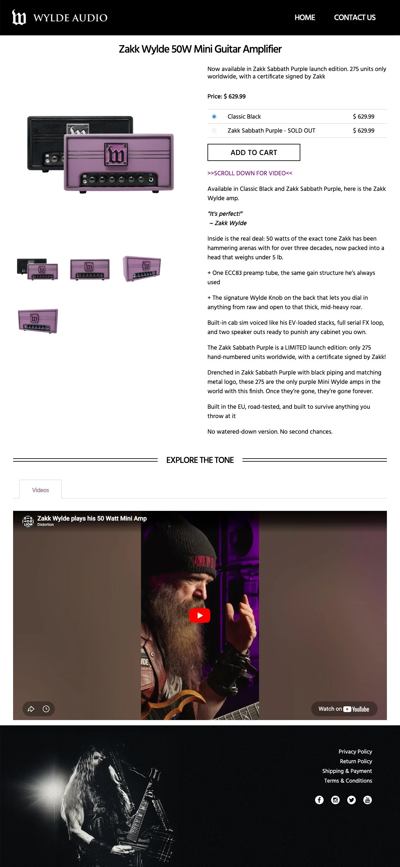 Wylde Audio's official product page featuring the Zakk Wylde Signature 50W Mini Guitar Amplifier launch.