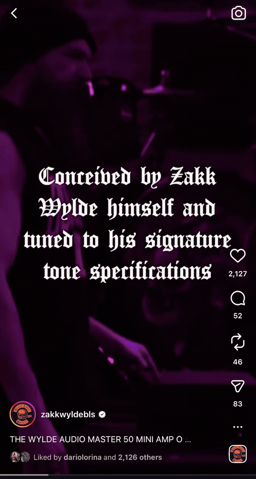Zakk Wylde's Instagram post highlighting the Wylde Audio 50W Mini Amp tuned to his signature tone.
