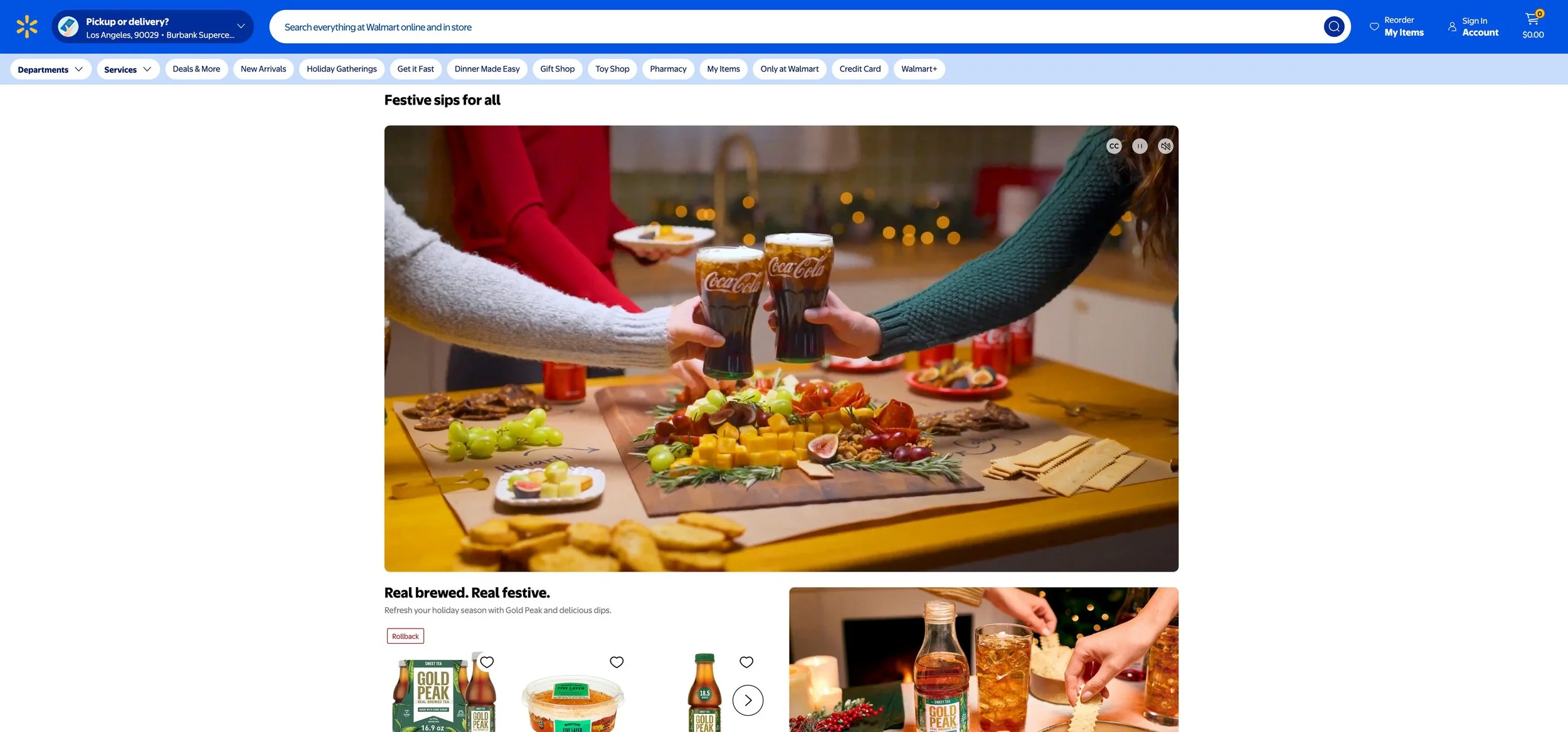 Screenshot of the Walmart Coca-Cola "Festive sips for all" retail page featuring the campaign cheers shot