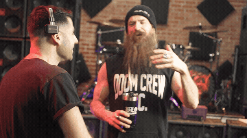 Director Sam Grant interviewing Zakk Wylde on set during the Wylde Audio launch shoot.