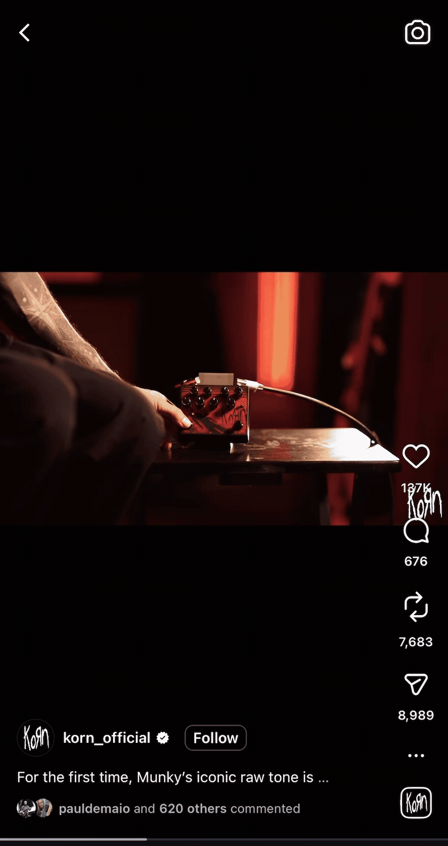 Korn's Instagram post showing Munky demoing the Distortion Inc. pedal with live performance footage.