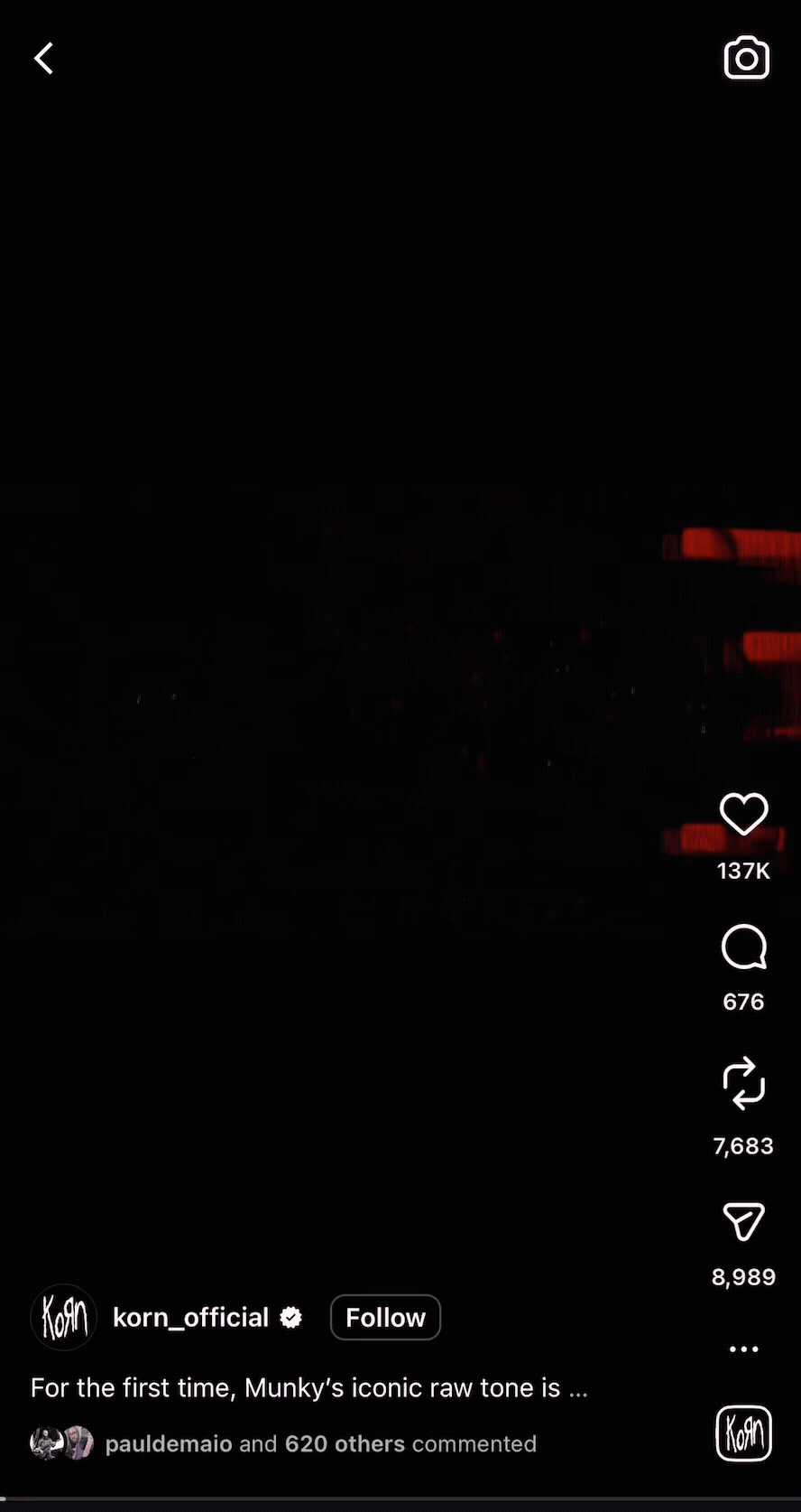 Korn's official Instagram post featuring the Distortion Inc. pedal launch film by Sam Grant Productions.