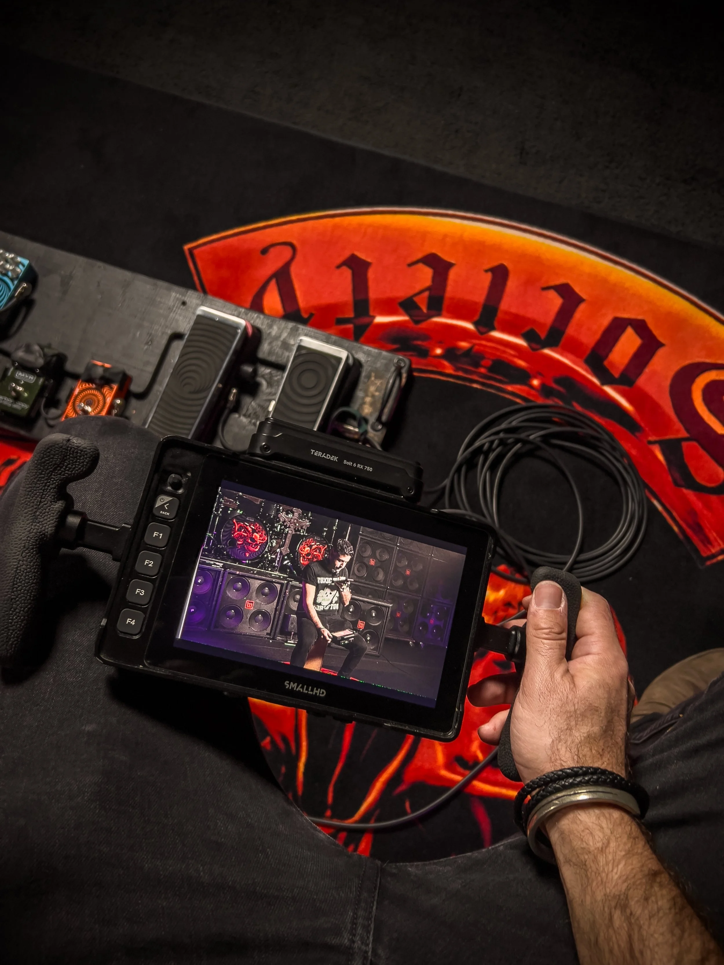 Behind-the-scenes monitor view from the Zakk Wylde Wylde Audio shoot in Los Angeles.