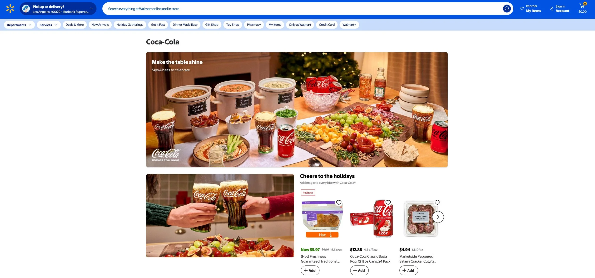Screenshots of the live Coca-Cola brand page on Walmart.com featuring the campaign imagery