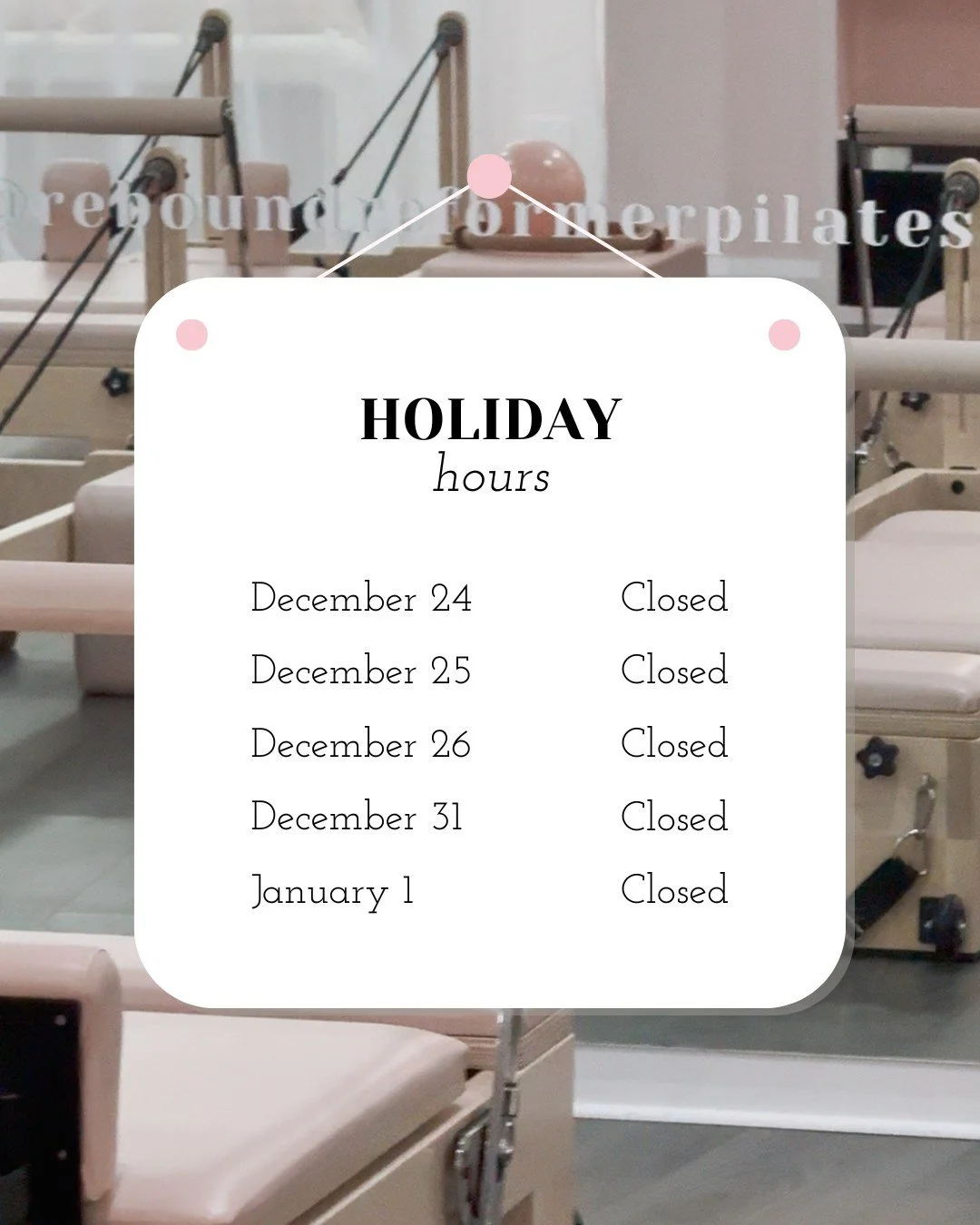 A little holiday &ldquo;recharge&rdquo; for the Pink Pilates Club 💕

We&rsquo;re pressing pause on the dates above so our team (and your cores) can enjoy a well earned moment of stillness.

Thank you for all the magic, movement, and pink-tinted joy 