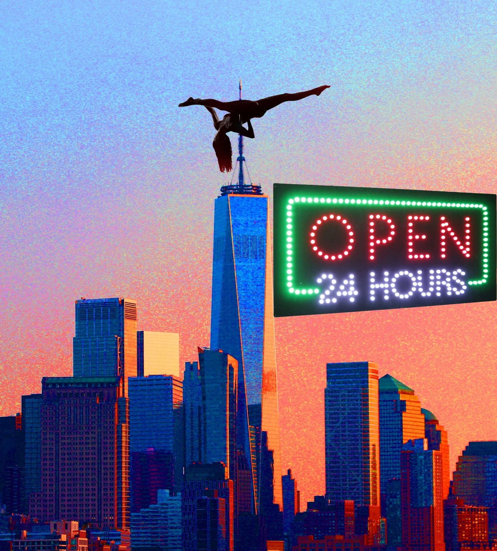 City skyline at sunset with a statue and an illuminated 'Open 24 Hours' sign.