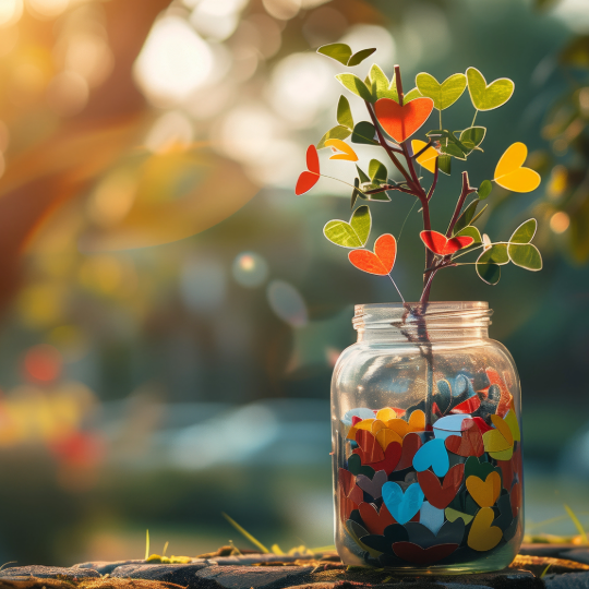 Glass jar full of paper hearts and a twig with leaves of paper hearts sticking out the top.