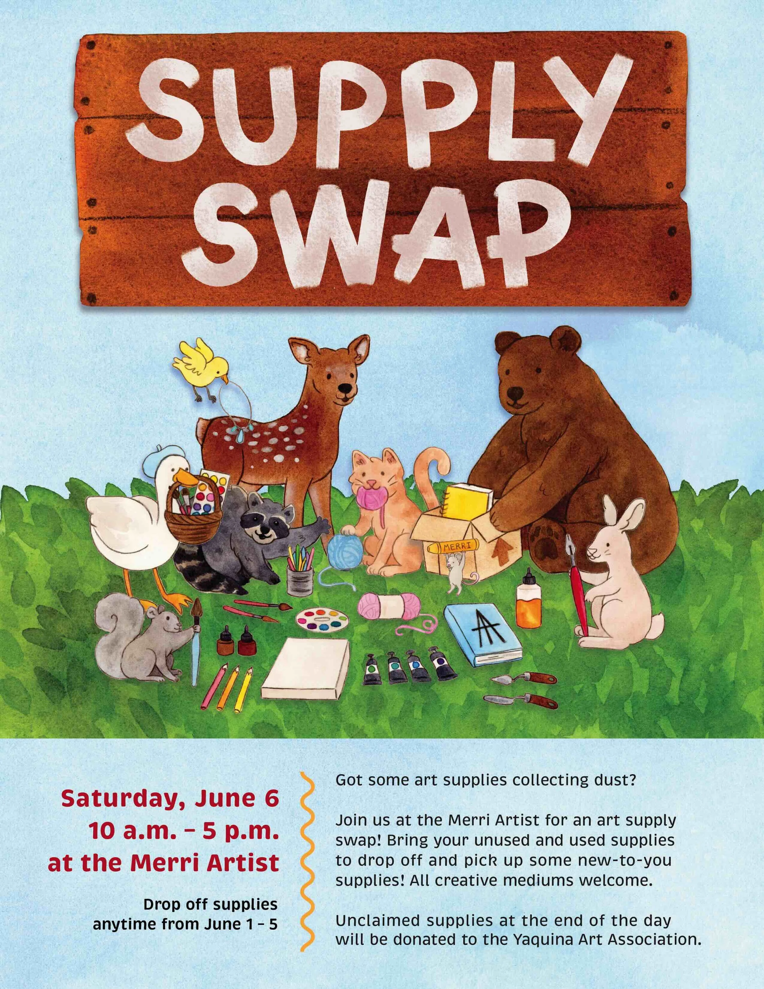 A group of animals illustrated to promote an art supply event.