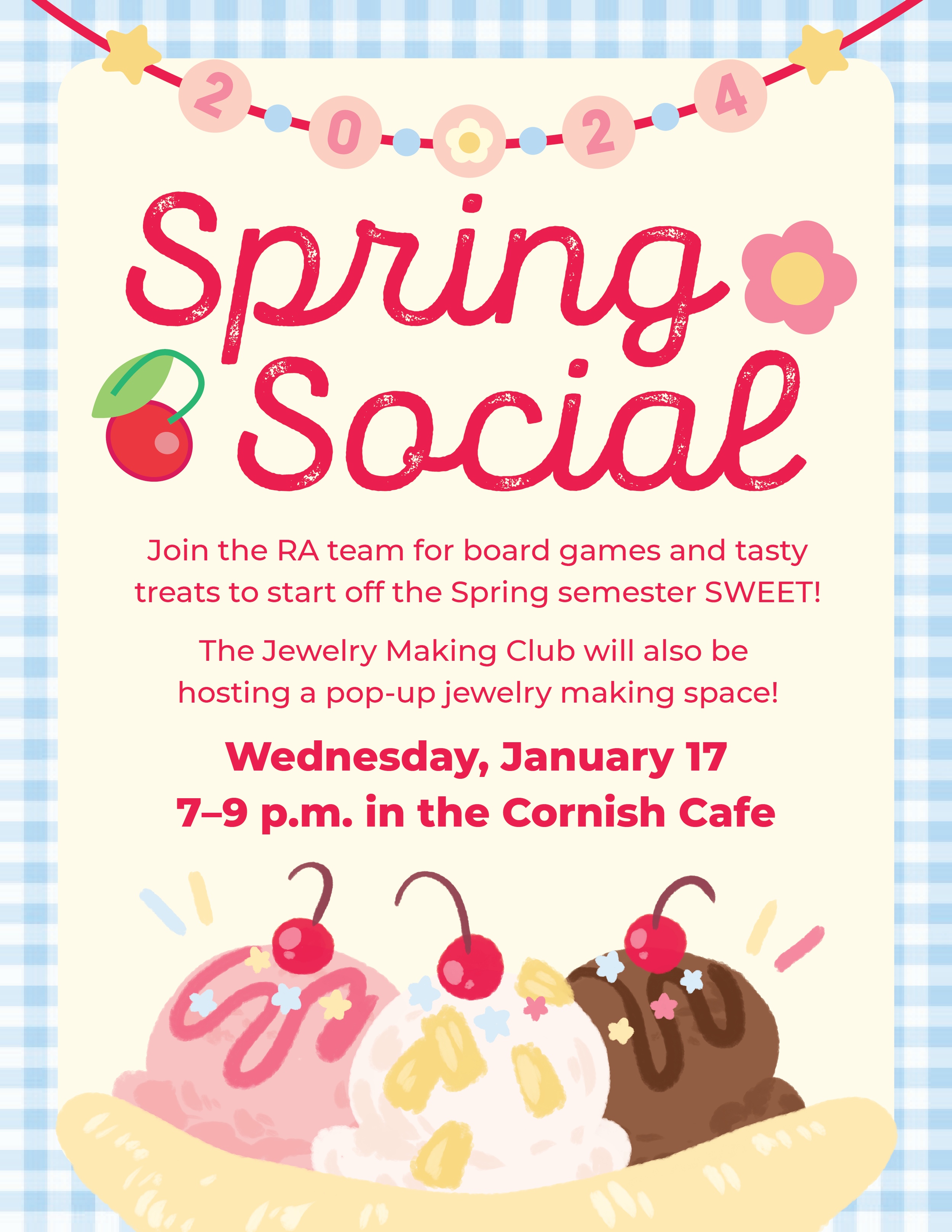 A poster promoting an ice cream event in a college dormitory.