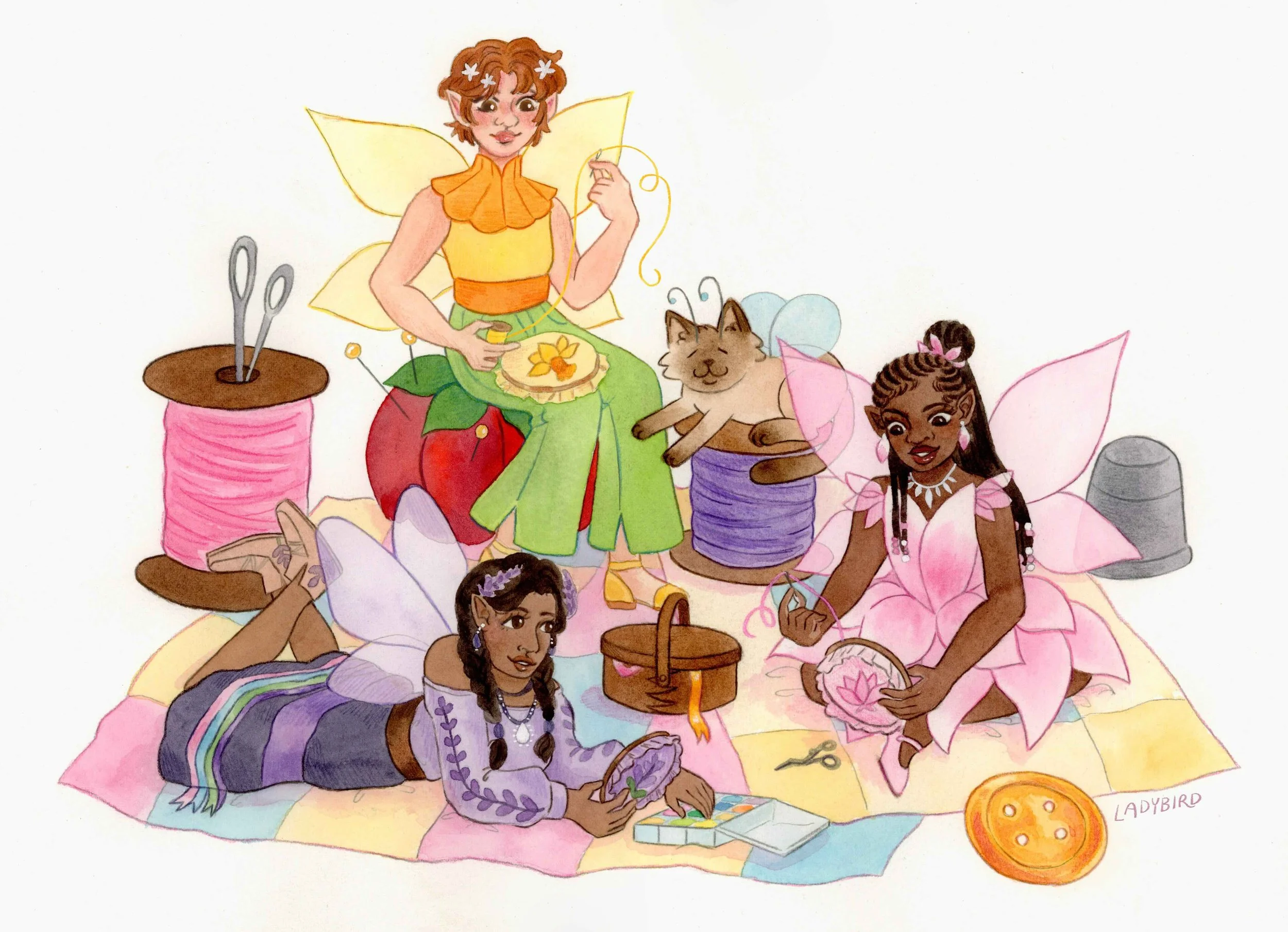 A watercolor painting of three flower fairies sitting together and embroidering.