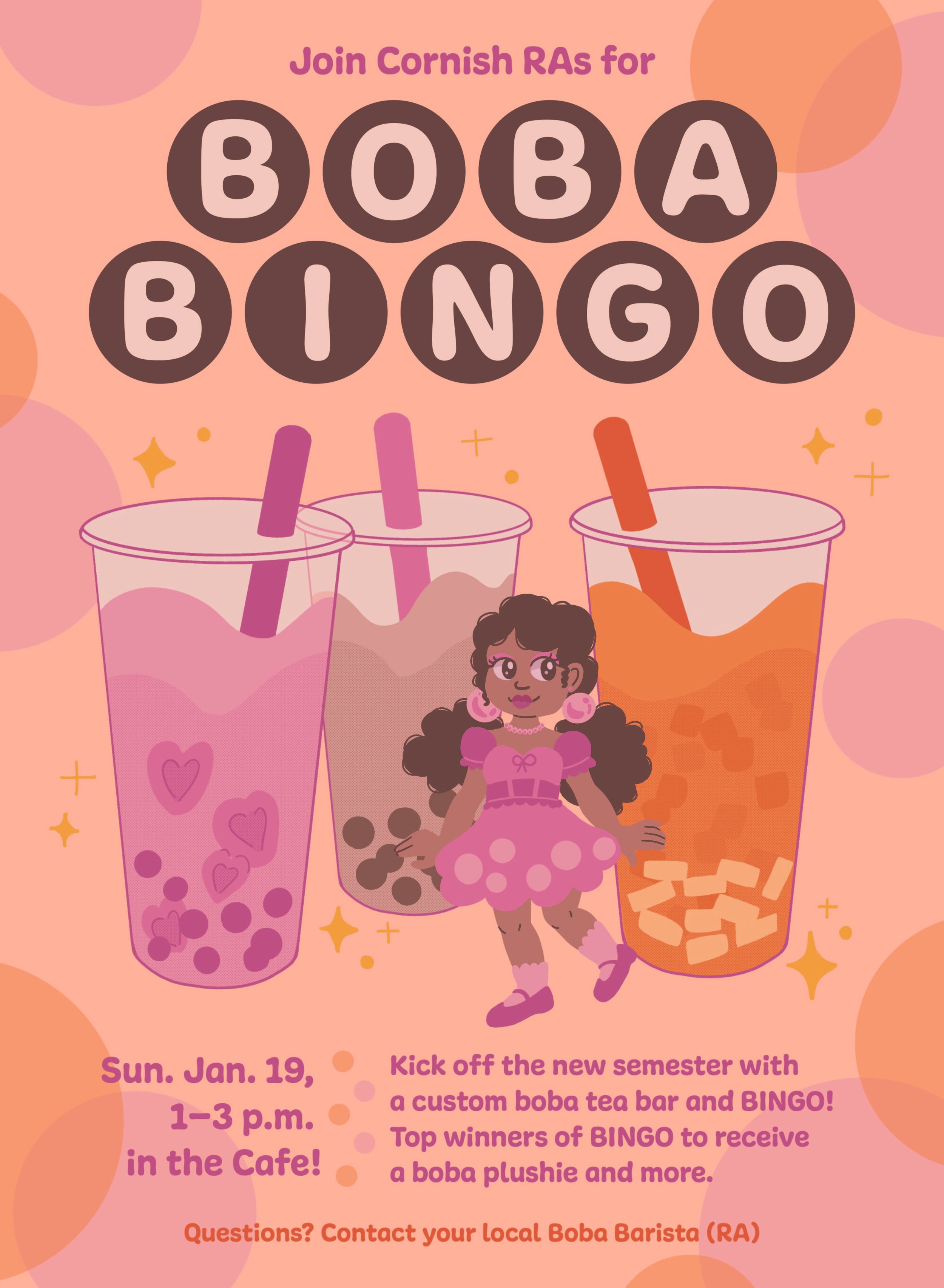 An illustrated poster promoting a boba and bingo event.