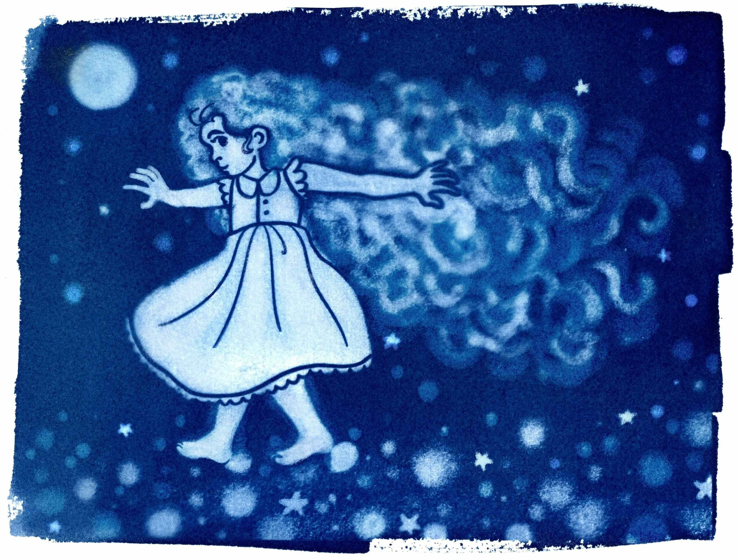 Cyanotype print of a girl walking on stars