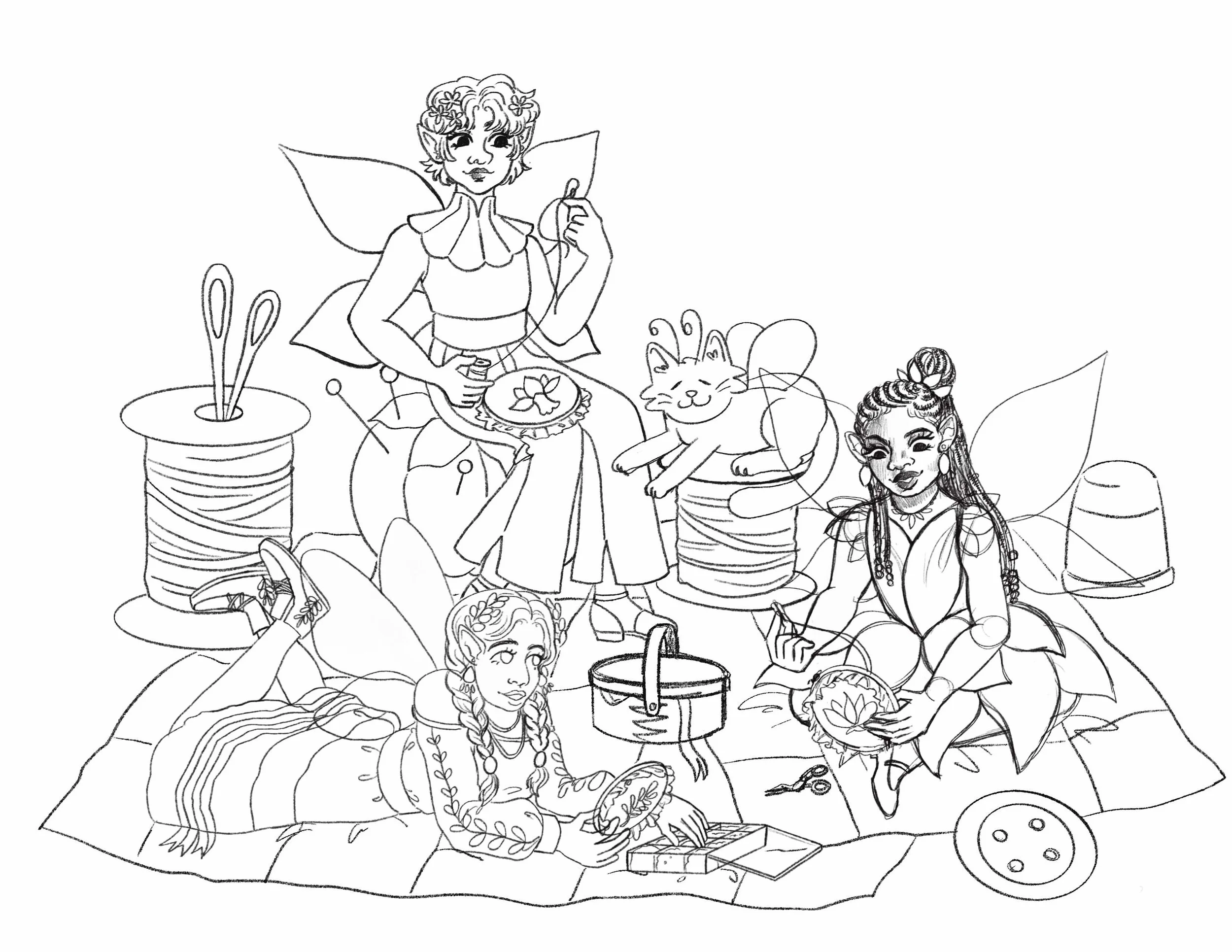 A digital sketch of three flower fairies sitting together and embroidering.