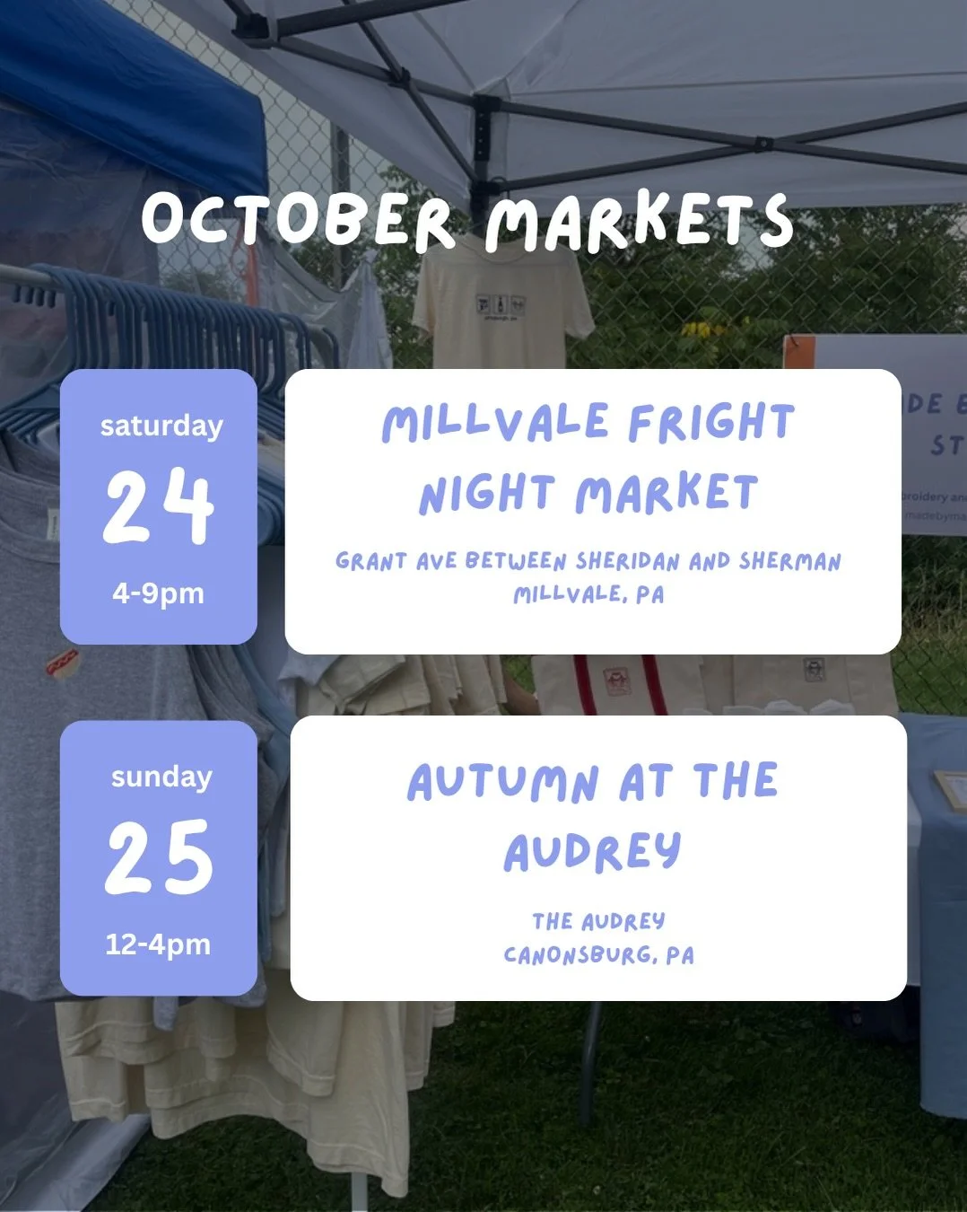 Fall and October are here and you can find Made By Mandy Studio at two super fun markets this month! 🍁🍂👻🌚

@millvale_borough_cdc 
Millvale Fright Night Market
Saturday, Oct. 24, 4-9pm

@theaudreyvenue 
Autumn at the Audrey
Sunday, Oct. 25, 12-4pm