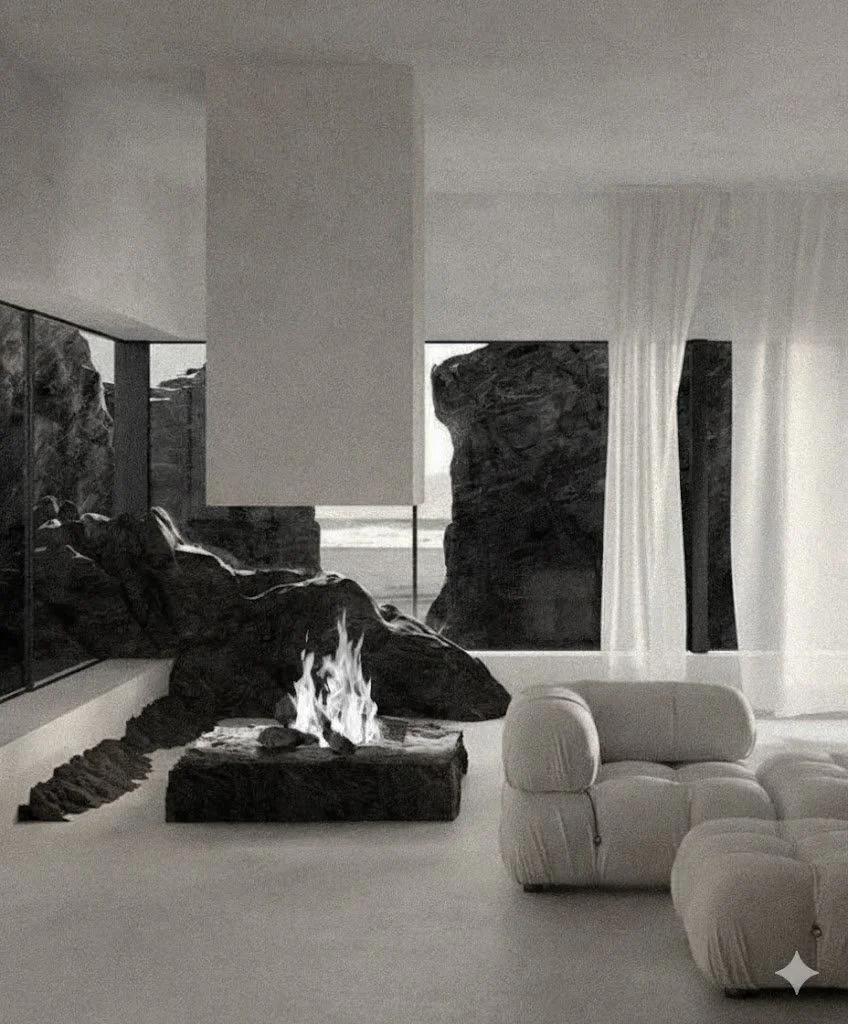 A modern living room with a fireplace and large rocks outside the window. There is a white curved sofa and curtains by the window.