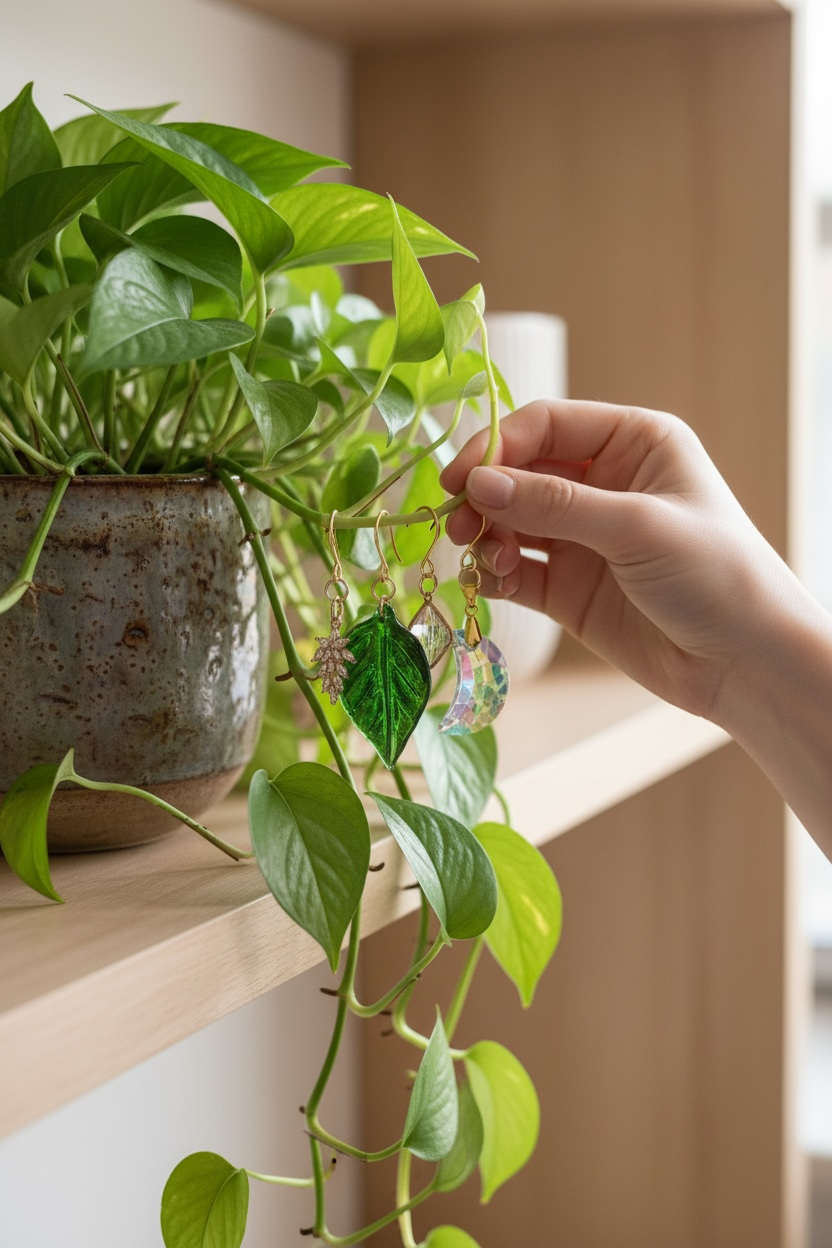 Plant Charm Set- Crystal moon, antique glass leaf