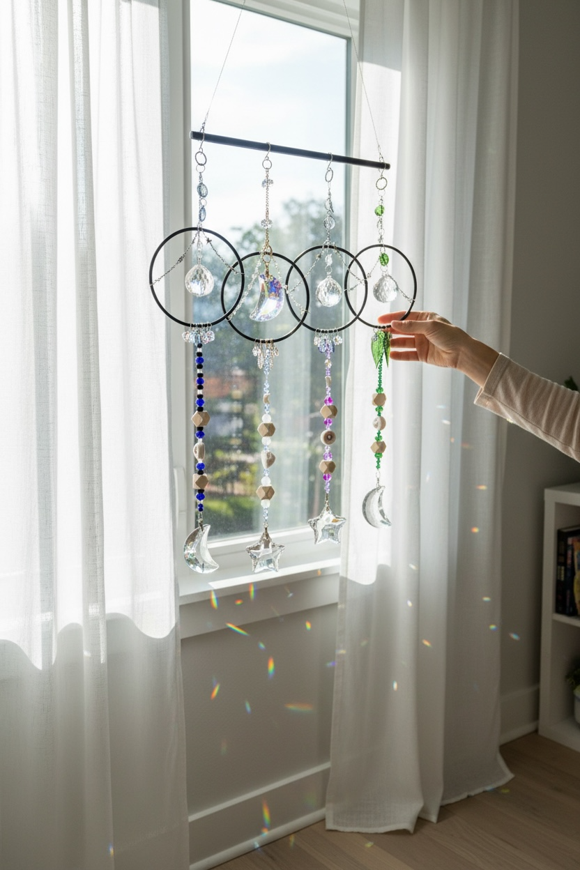 A hand holding a colorful beaded and ornamented hanging mobile with moon and star shapes in front of a window with white curtains, sunlight creating rainbow reflections on the floor.