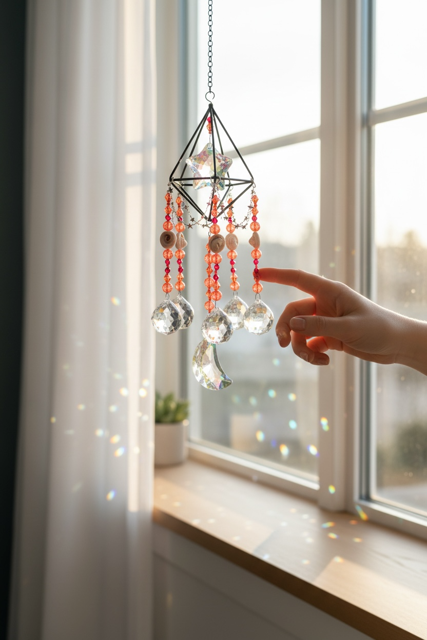 Person's hand holding a hanging decorative crystal ornament with beads, a crescent moon, and star shapes, near a window with sunlight.
