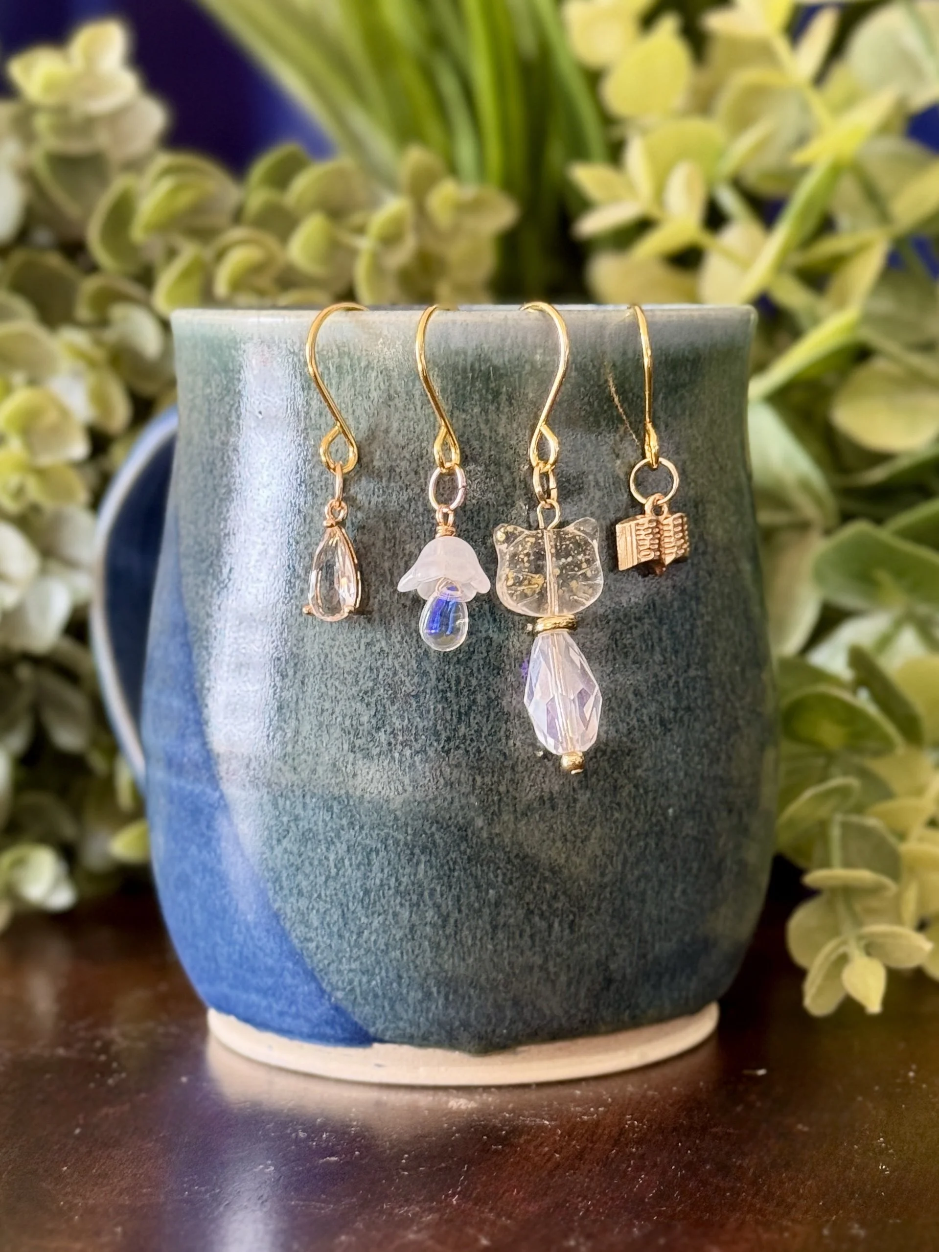 White cat + white mushroom + book + crystal pendant plant charm set