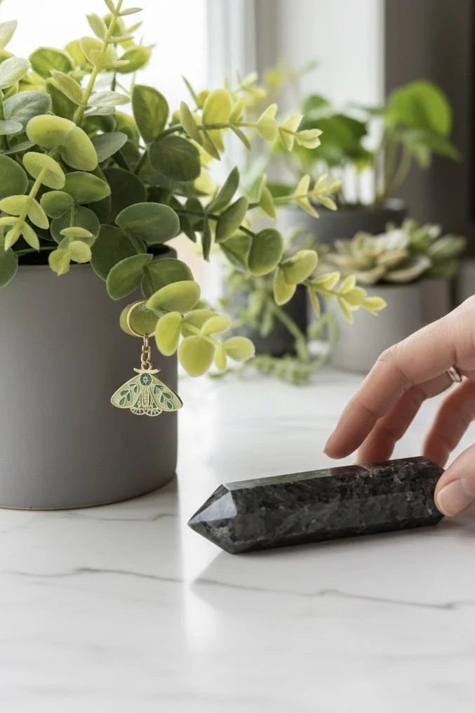 Larvikite Double Terminated Point + Moth Plant Charm Set