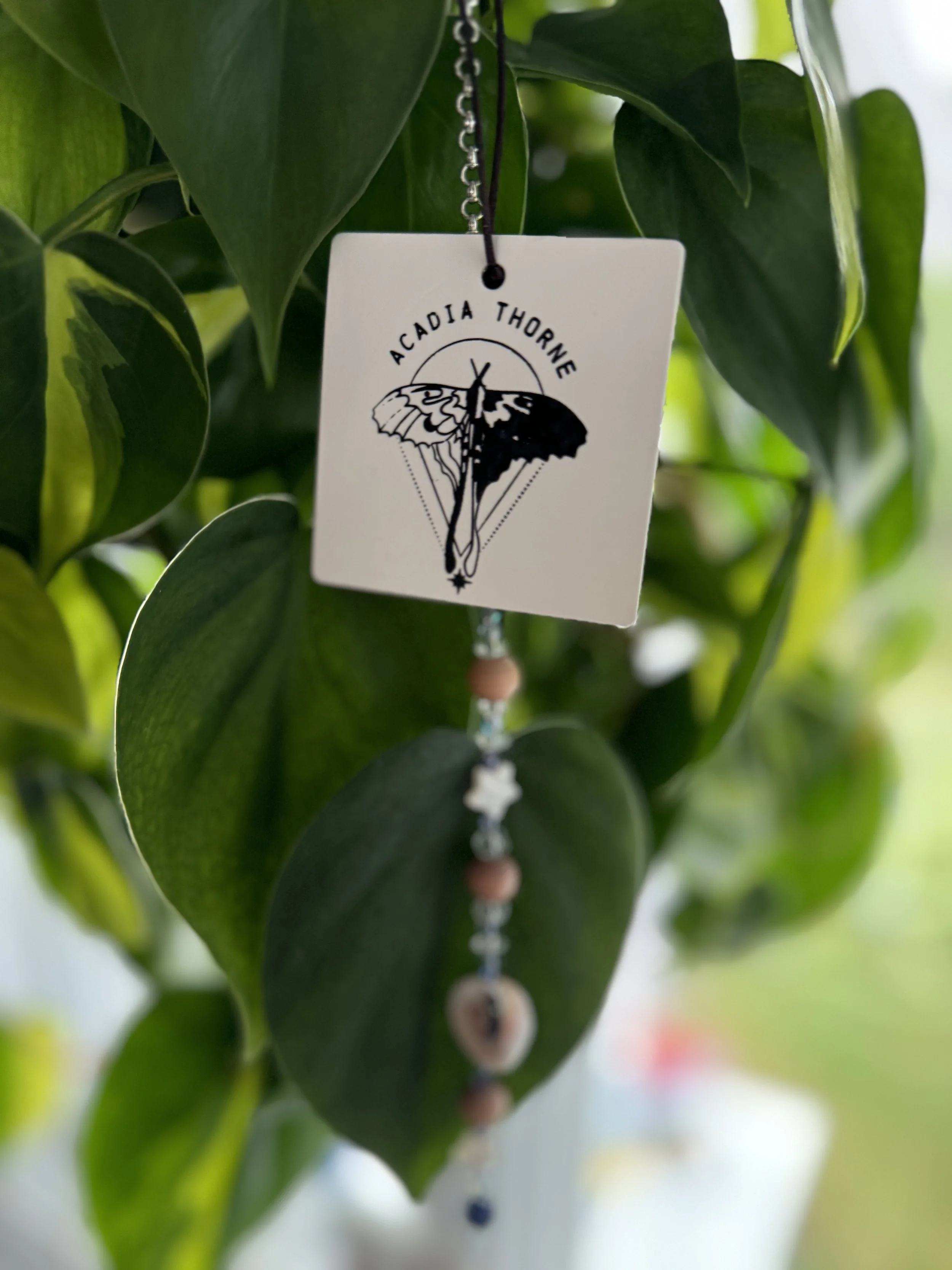 A hanging decorative item with a square tag displaying a black and white butterfly illustration and the text 'Acadia Thorne' hanging among green leaves.