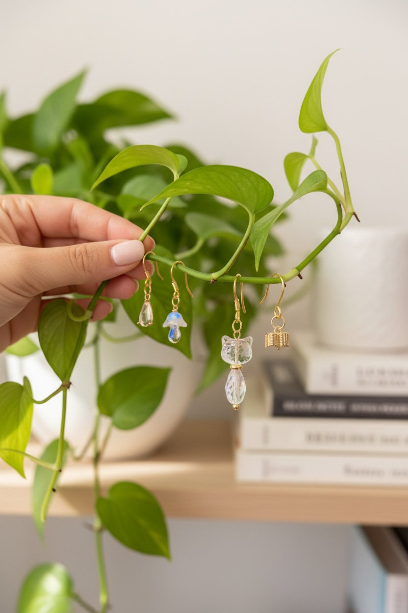 Plant Charm Set- White cat, white mushroom, book